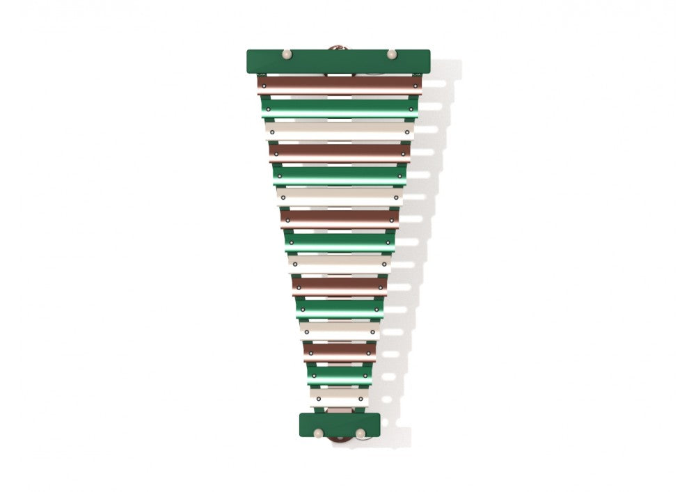 Overhead view of outdoor metallophone with 15 alternating green and brown metal keys and attached mallets for playground use