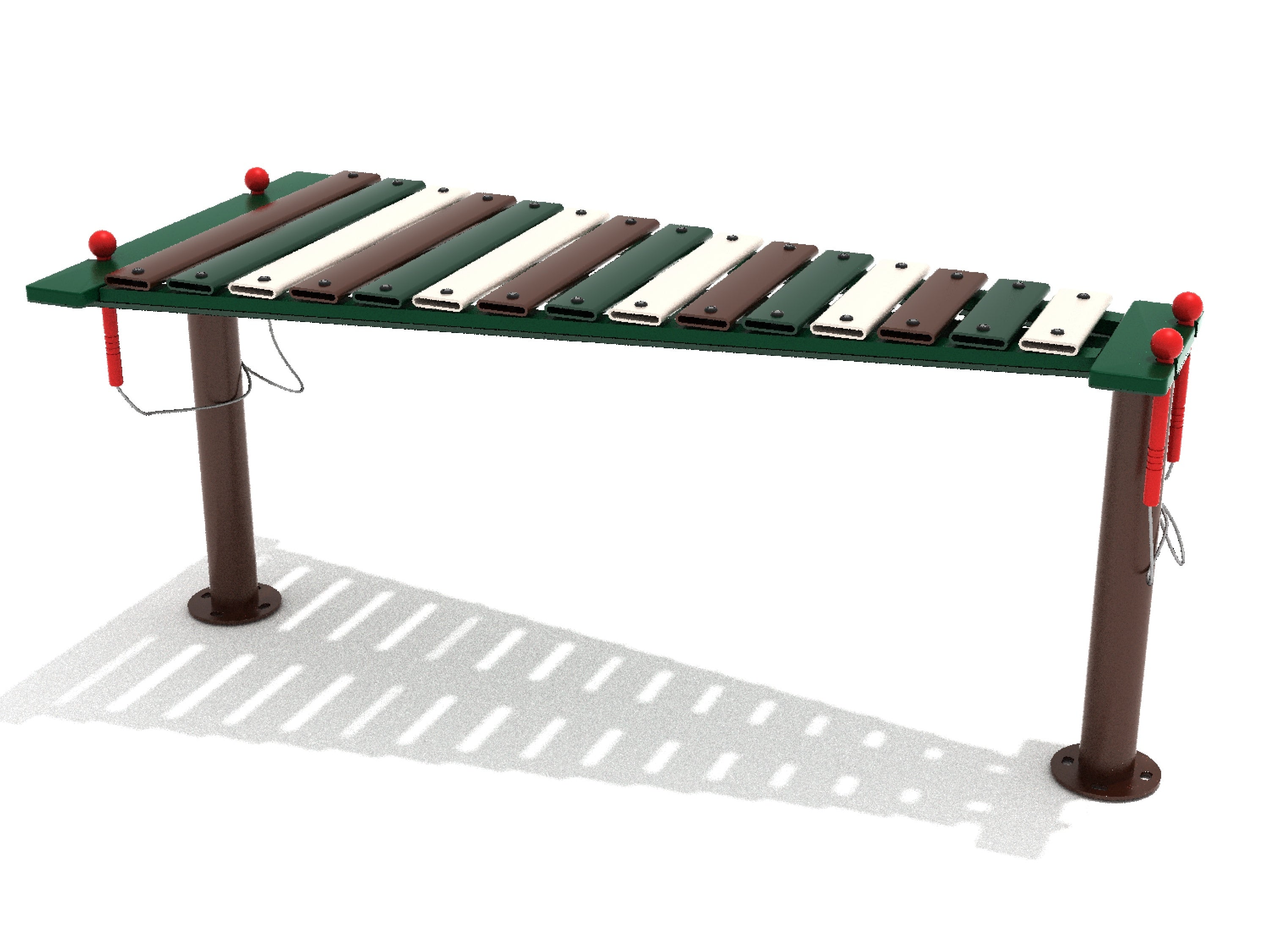 Outdoor metallophone with 15 colorful metal keys, attached red mallets, green frame, and brown supports for playground use