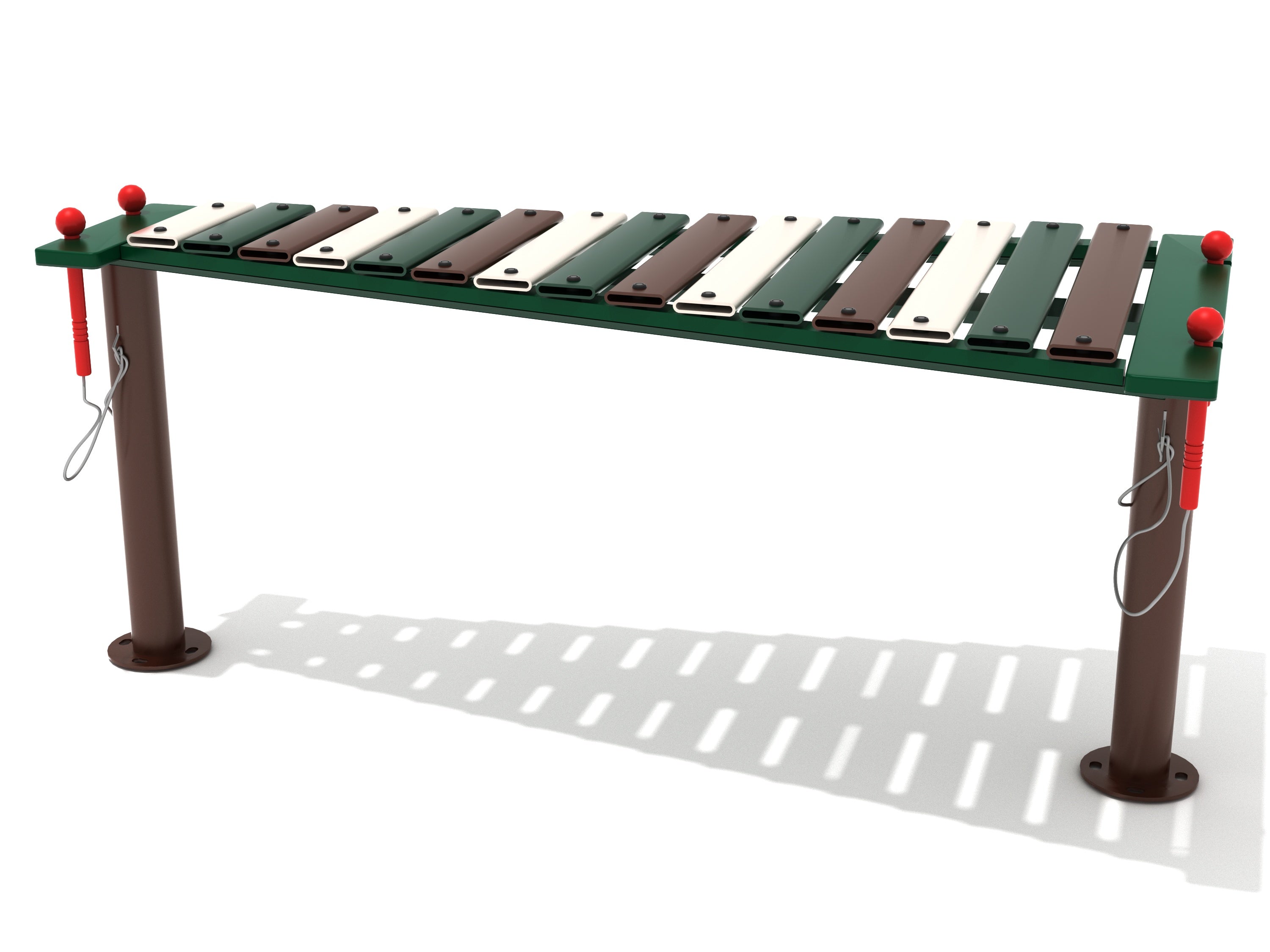 Outdoor metallophone with 15 colorful metal keys and two attached red mallets on brown supports for playground music play