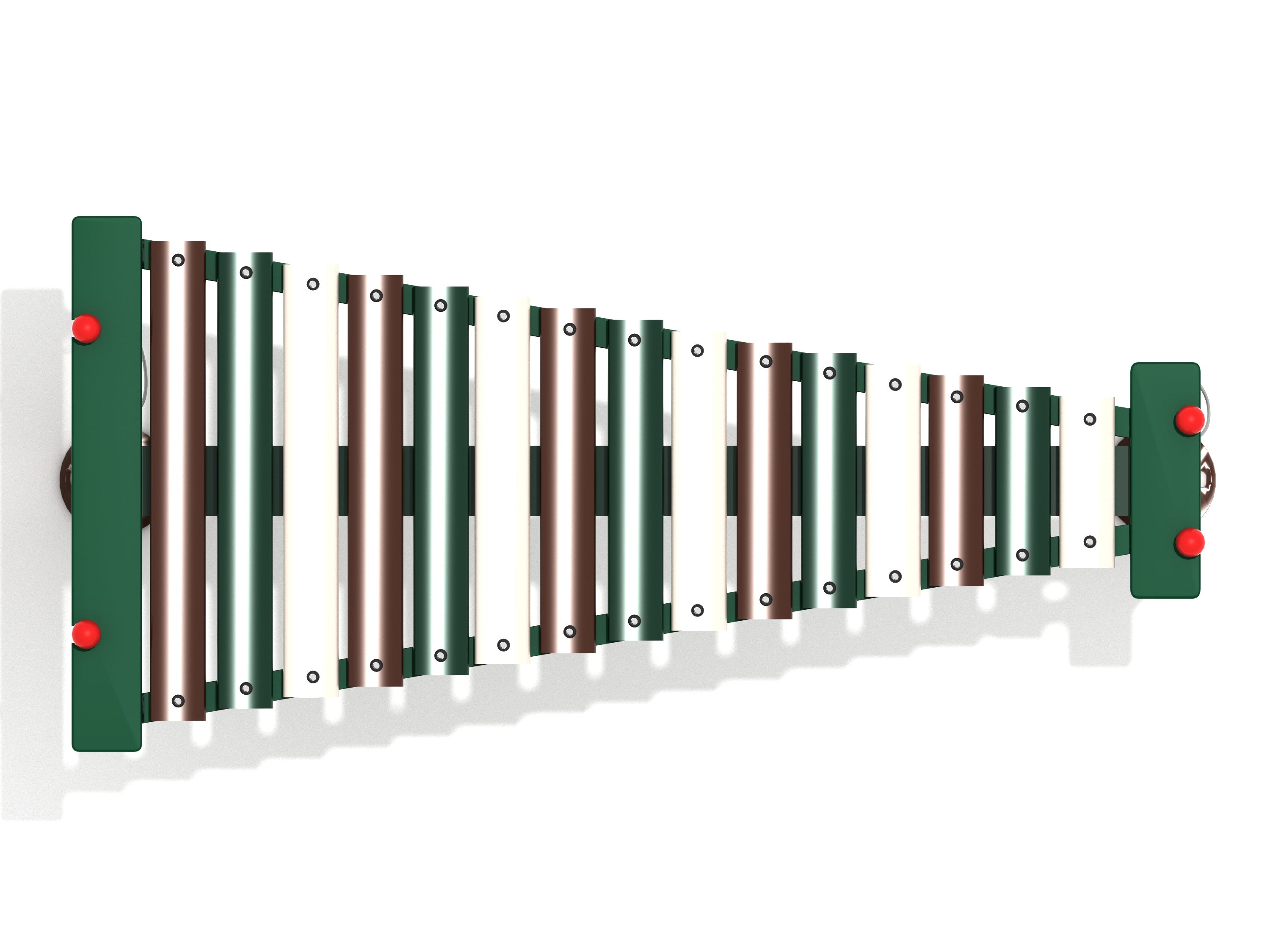 Overhead view of a metallophone with 15 alternating green, white, and brown metal keys and two attached red mallets