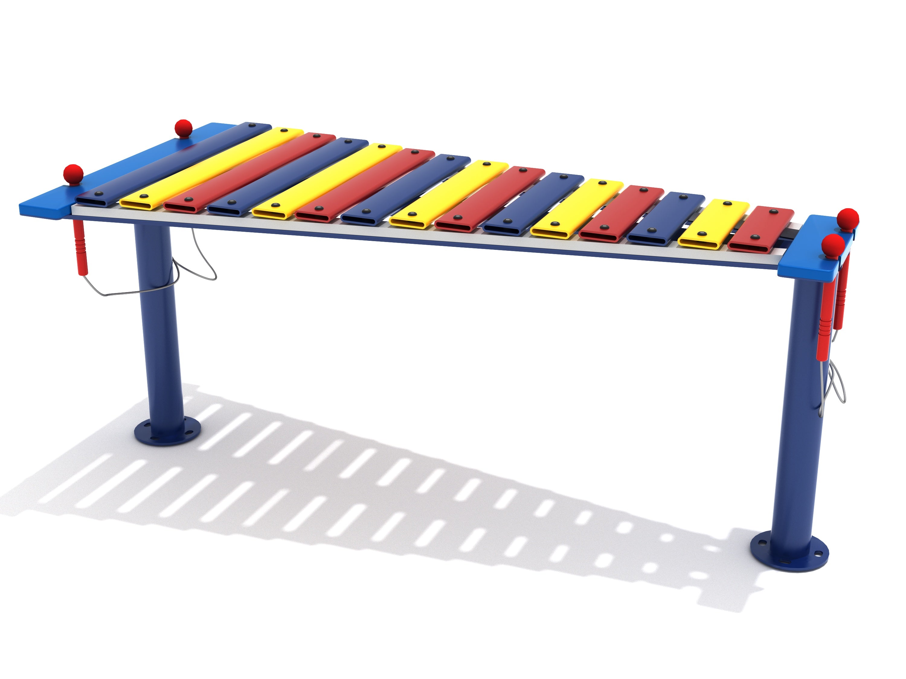 Outdoor metallophone with 15 colorful metal keys in blue, yellow, and red, mounted on blue posts with attached red mallets.