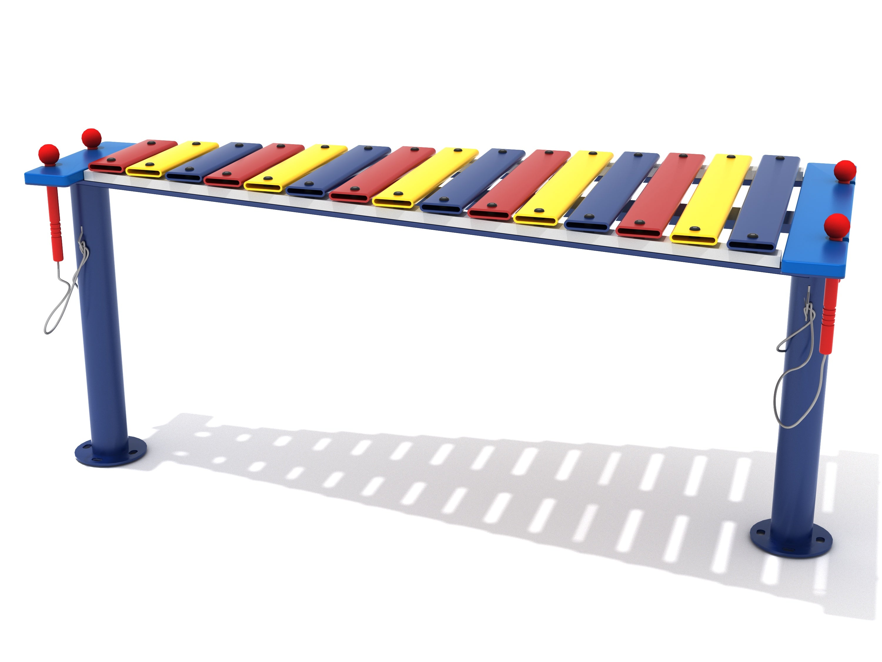 Outdoor metallophone with 15 colorful metal keys on blue frame and attached red mallets for playground music play