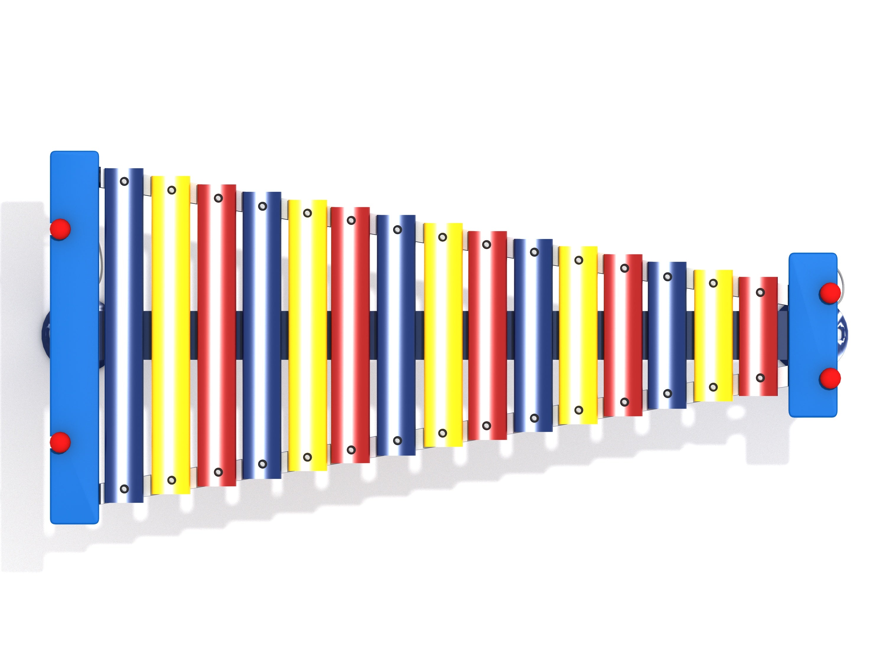 Overhead view of colorful metallophone with 15 alternating red, yellow, and blue metal keys and attached red mallets