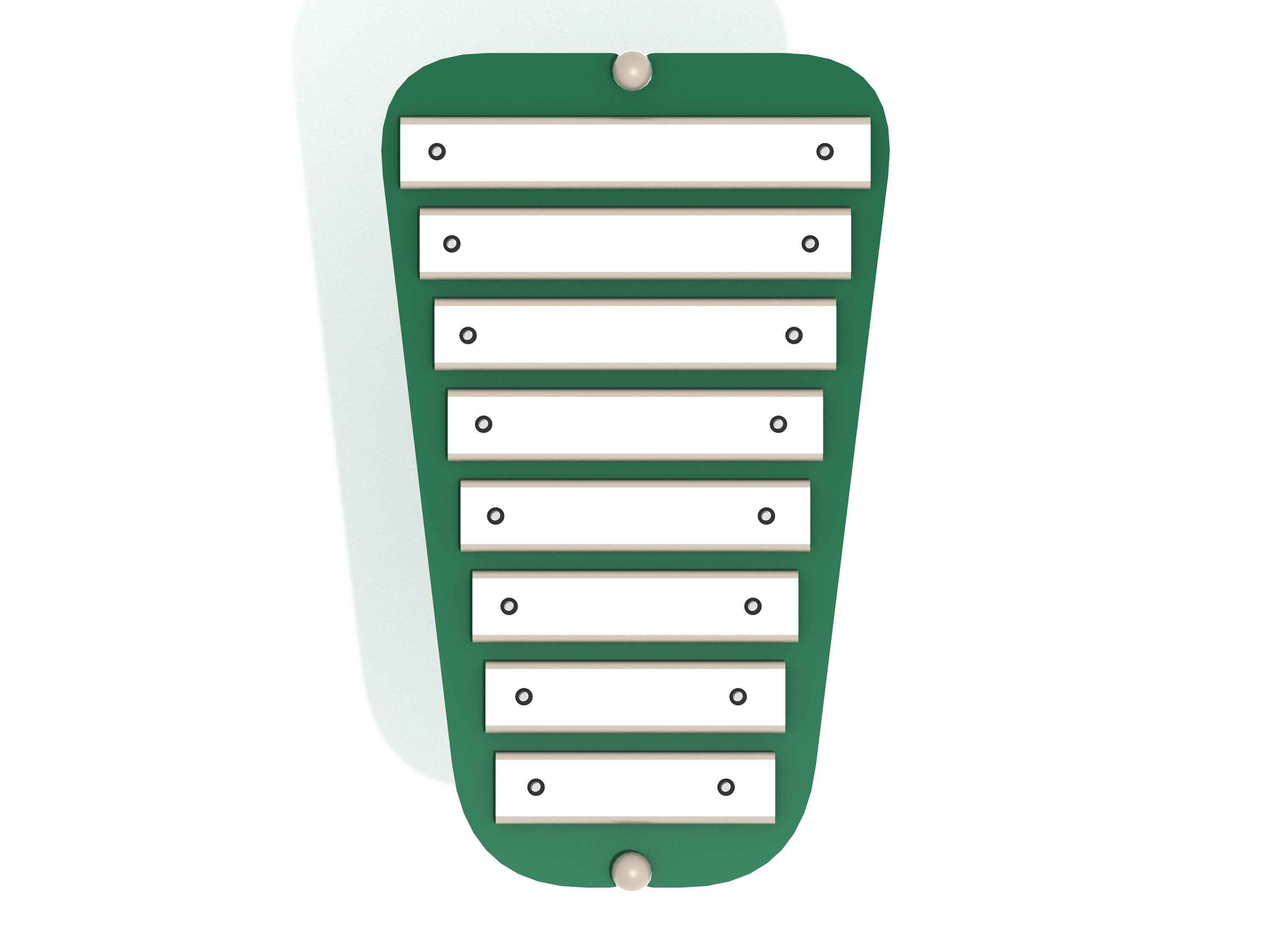 Overhead view of a green-framed glockenspiel with eight white tuned metal bars and attached mallets for musical play