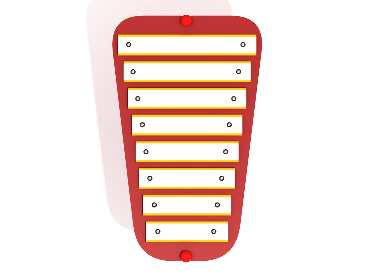 Overhead view of a red-framed glockenspiel with eight white tuned metal bars and attached mallets for musical play