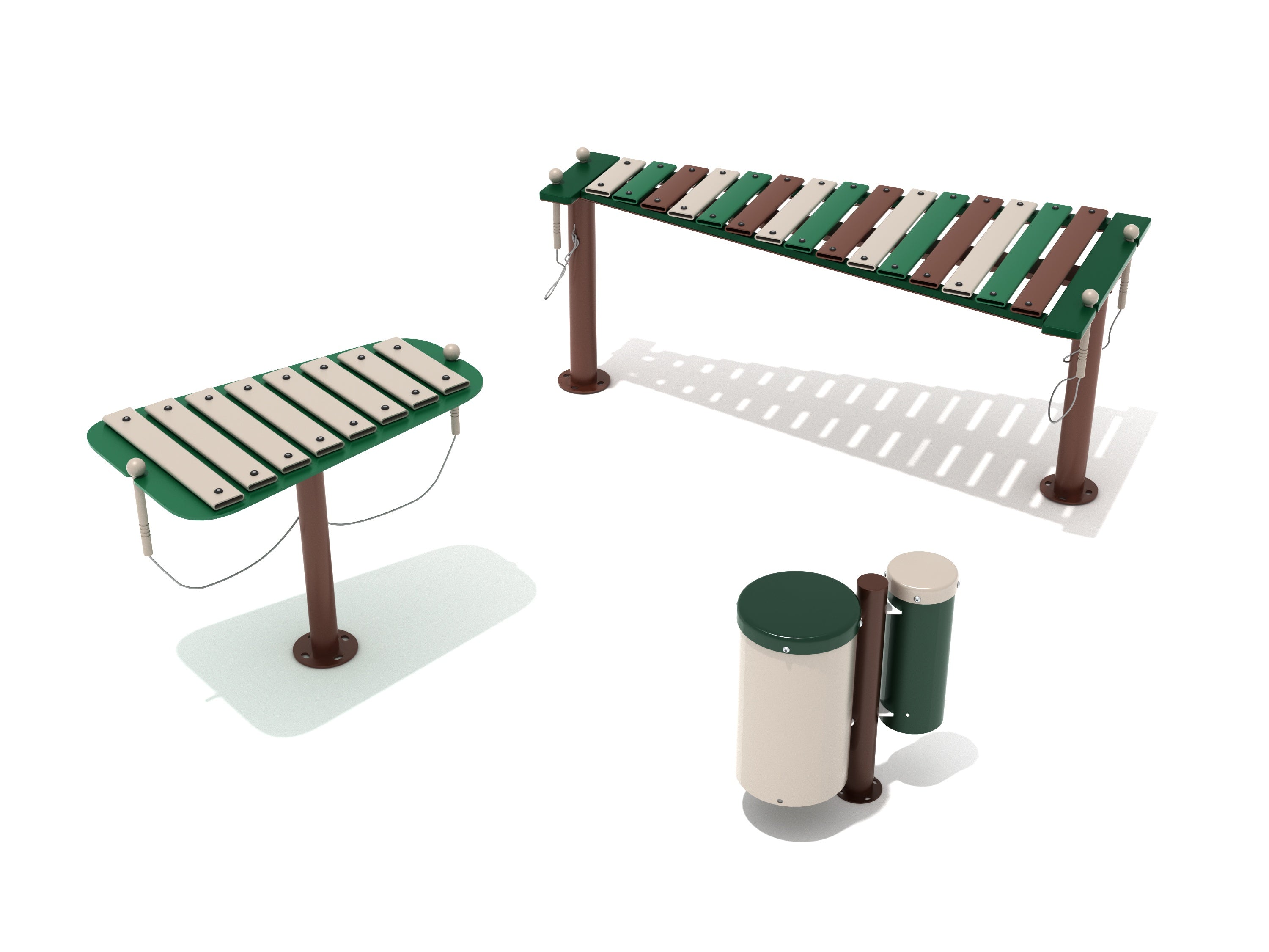 Outdoor musical set with metallophone, glockenspiel, and bongo drums in green, brown, and beige tones