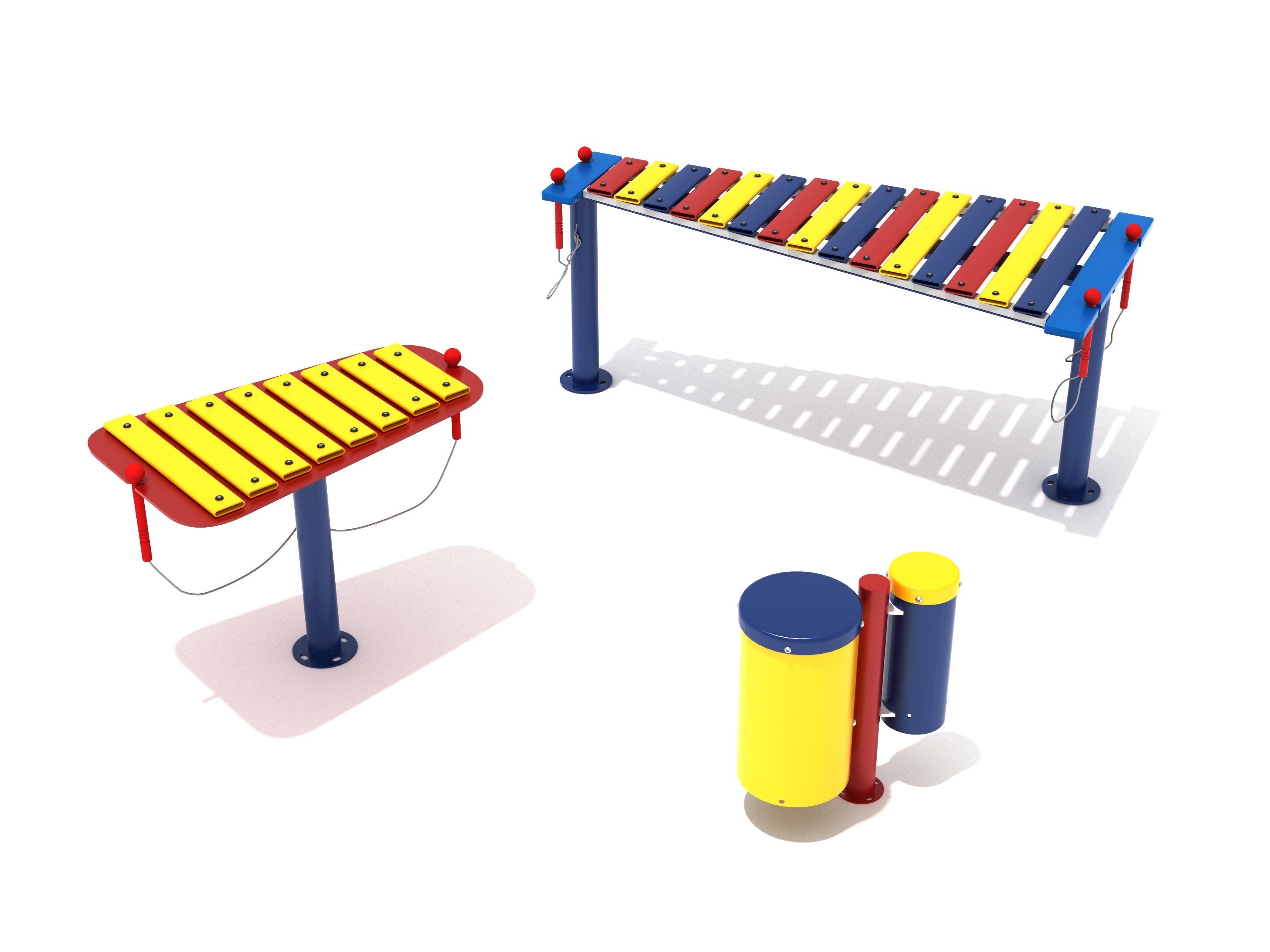 Rhythm Group of Three outdoor musical set with colorful metallophone, glockenspiel, and bongo drums for kids’ play and learning