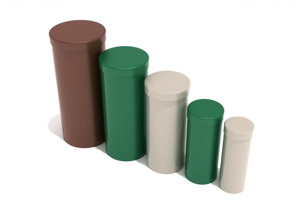 Five outdoor standing drums in neutral earth tones, arranged by height for interactive musical play.