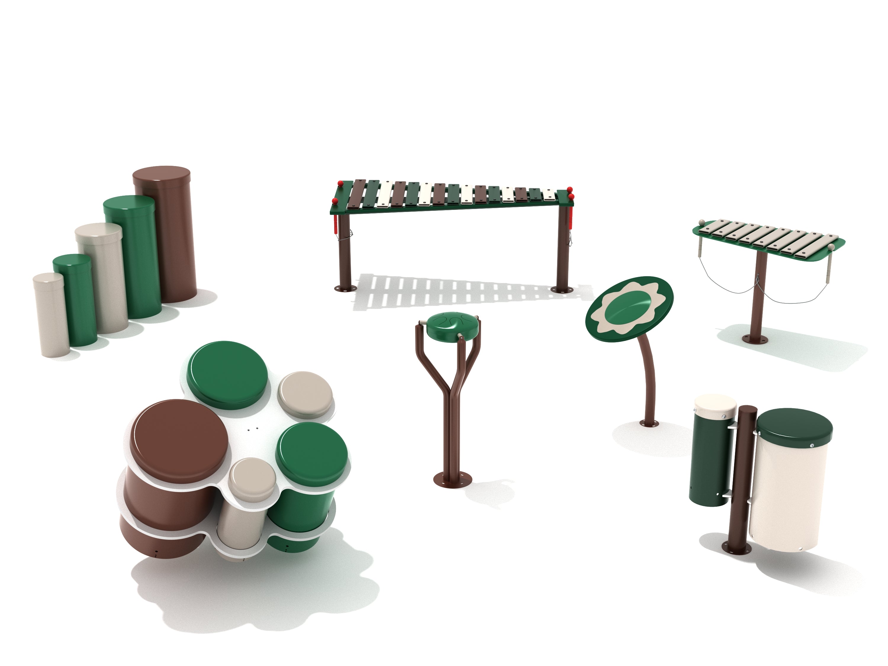 Overhead view of colorful outdoor percussion instruments including metallophone, drums, glockenspiel, and flower drum in green, brown, and beige tones