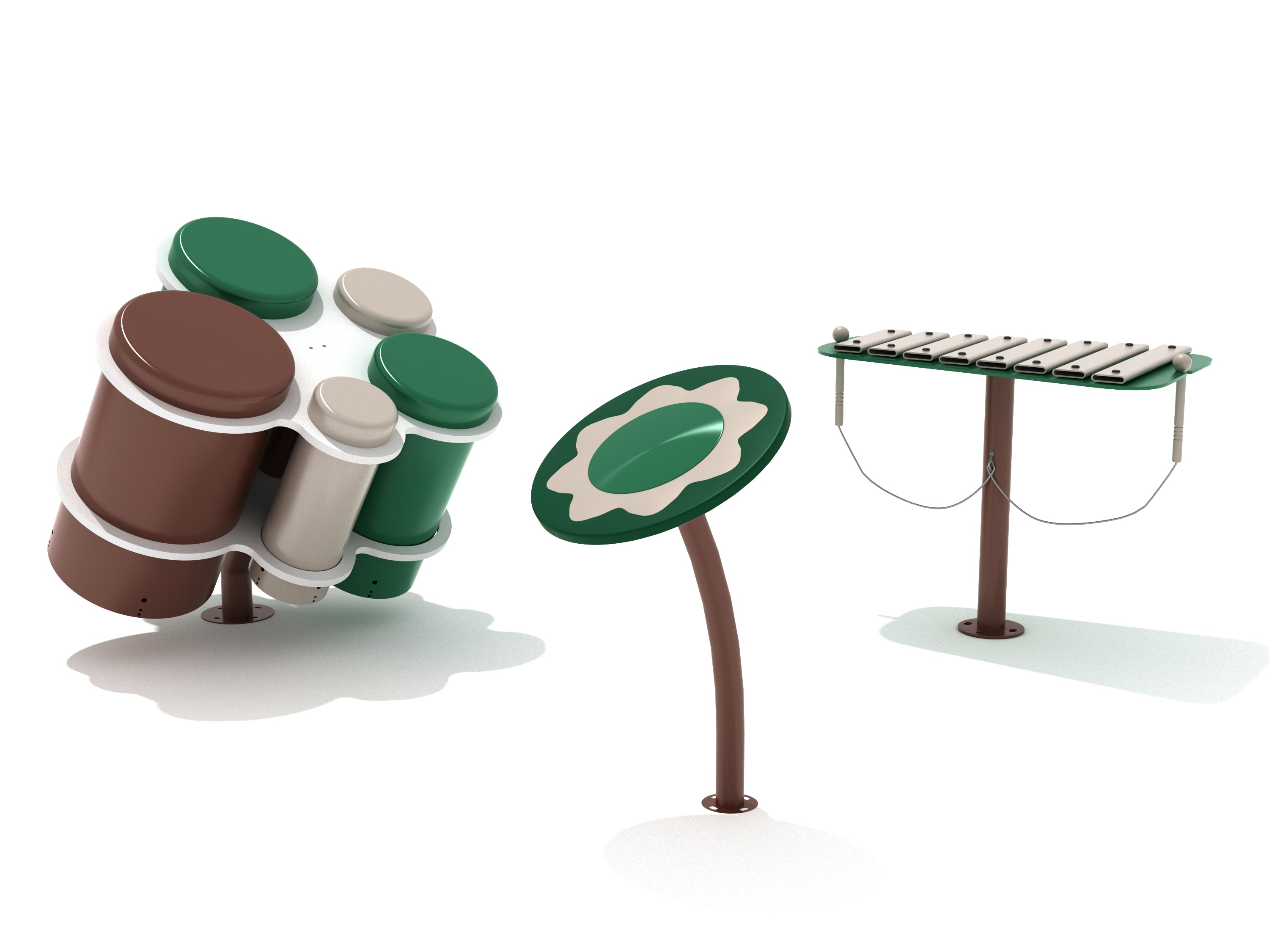 Outdoor musical play set with colorful drums, flower-shaped percussion, and metal xylophone on brown stands