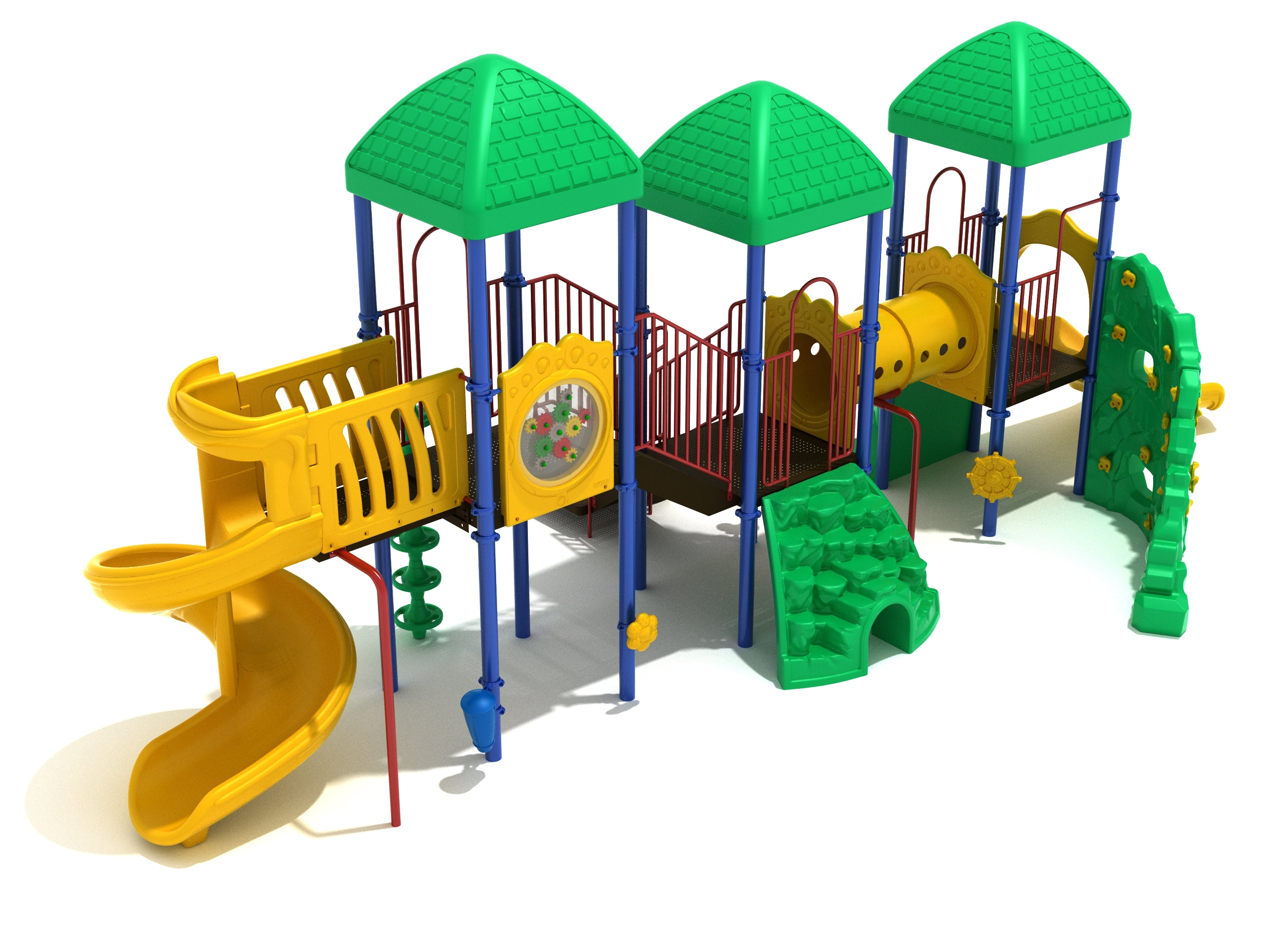 Colorful playground with green roofs, yellow spiral slide, climbing walls, tube tunnel, and multiple connected platforms.