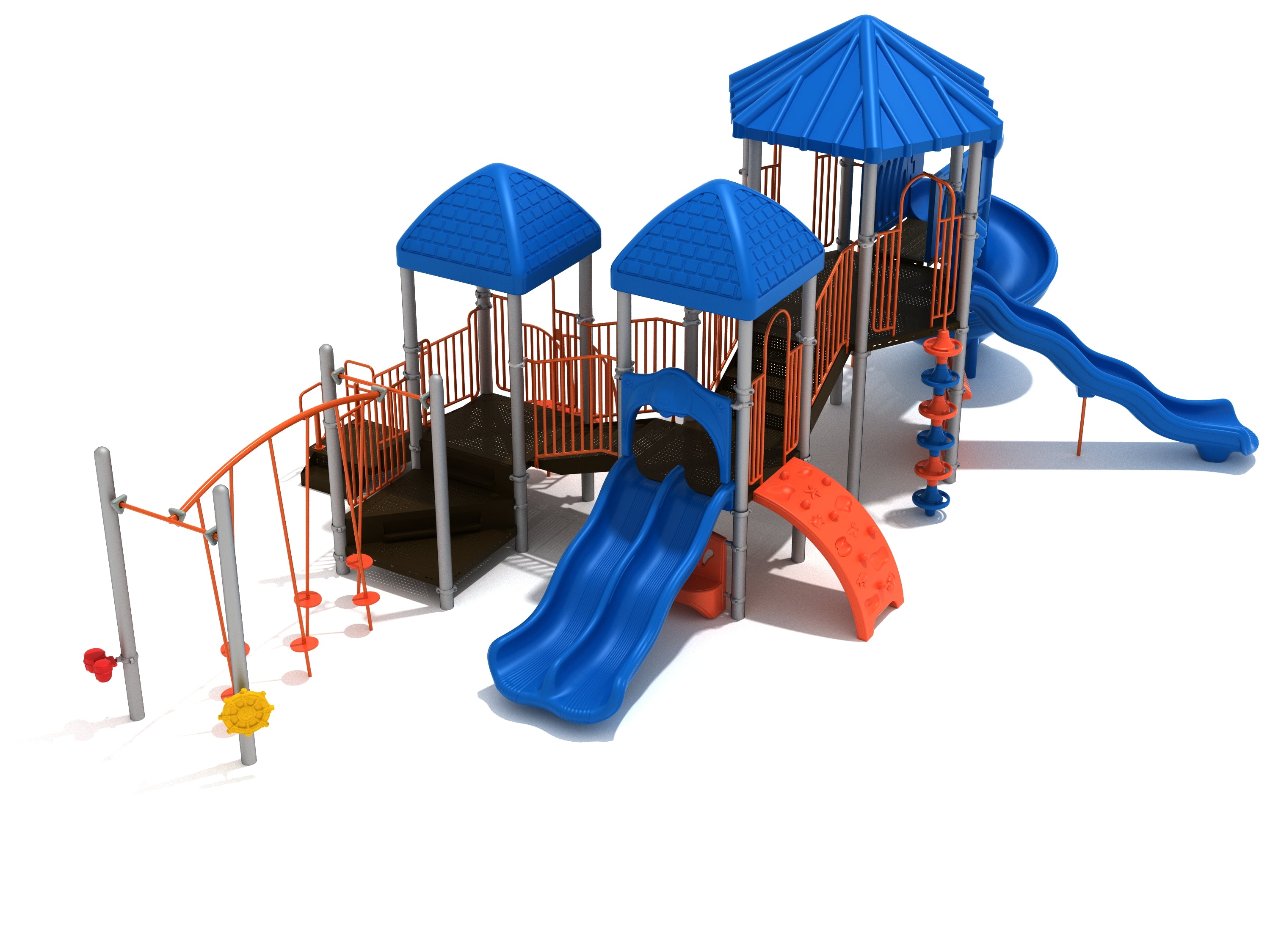 Large outdoor playground with blue roofs, dual blue slides, orange climbing features, and interactive play panels.