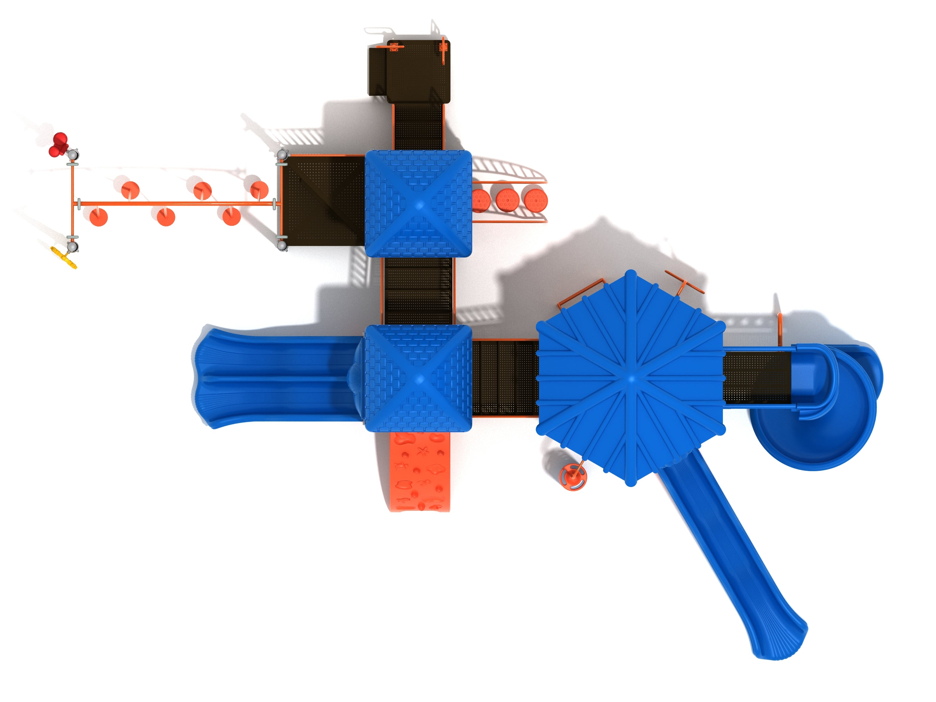 Overhead view of a large playground structure with blue roofs, hexagonal deck, two slides, climbing elements, and interactive play panels.