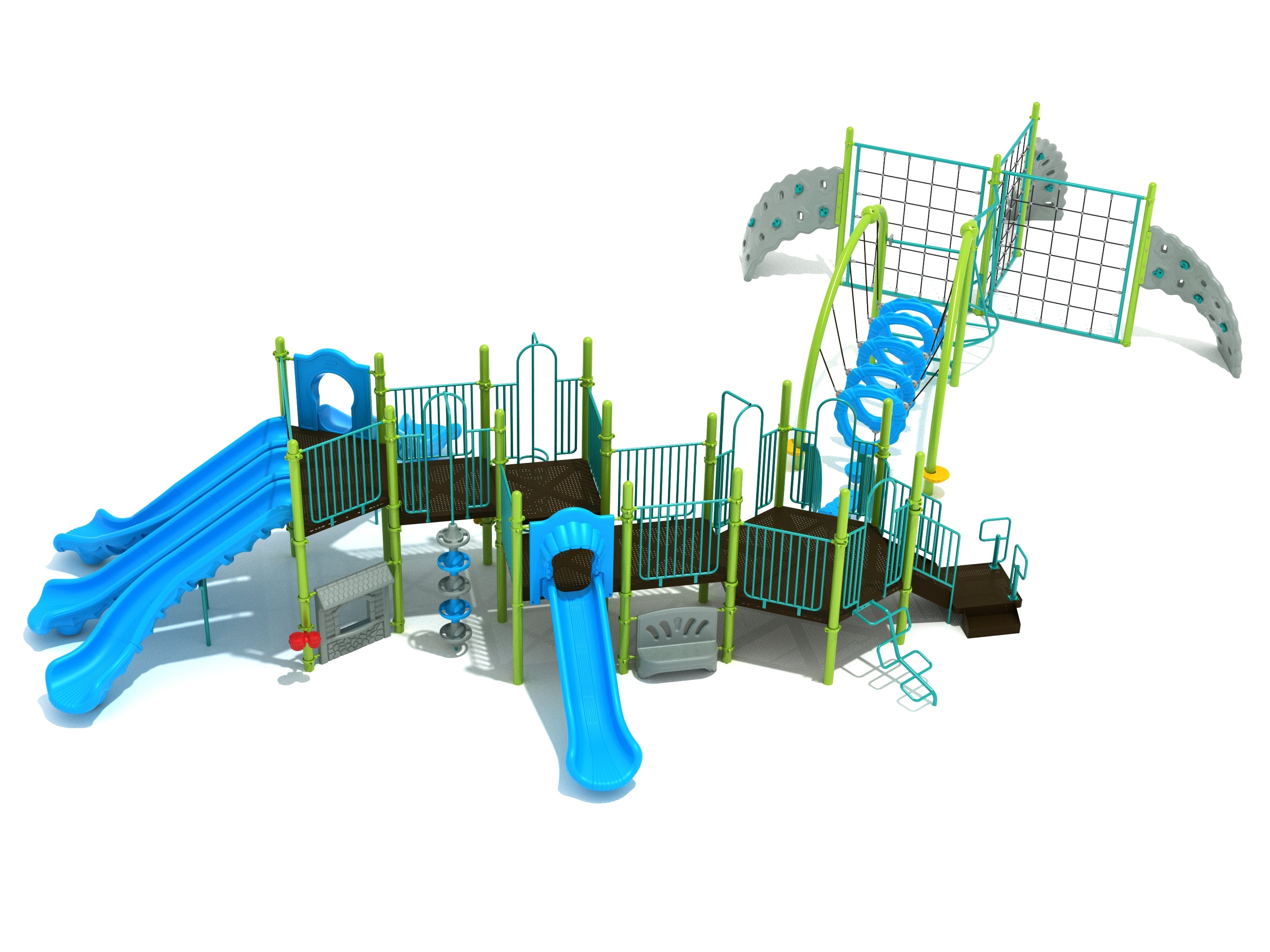 Overhead view of a large playground structure with multiple blue slides, interconnected climbing nets, and green support poles