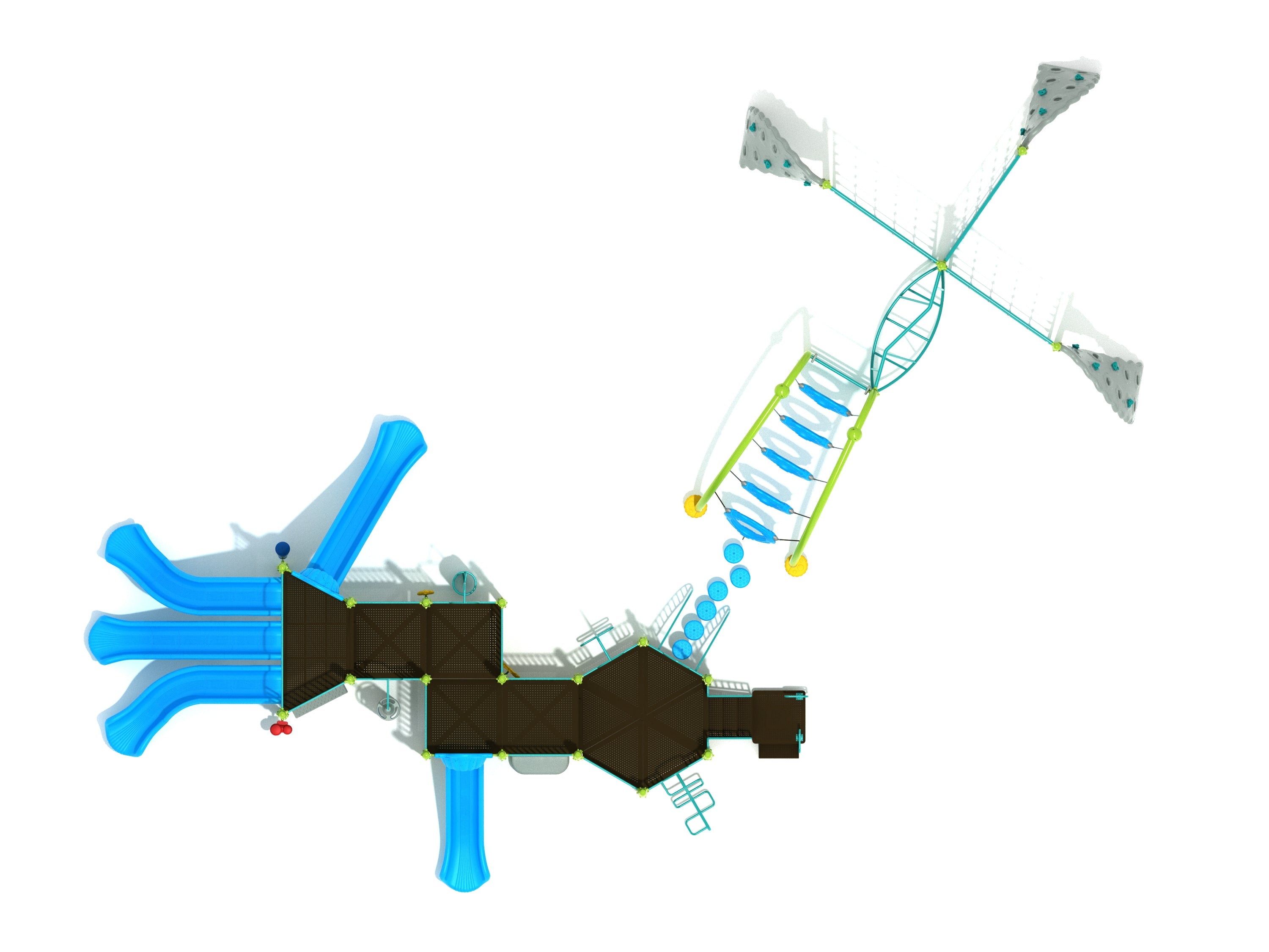 Overhead view of a large playground structure with multiple blue slides, interconnected climbing nets, balance bridges, and rock climbing walls