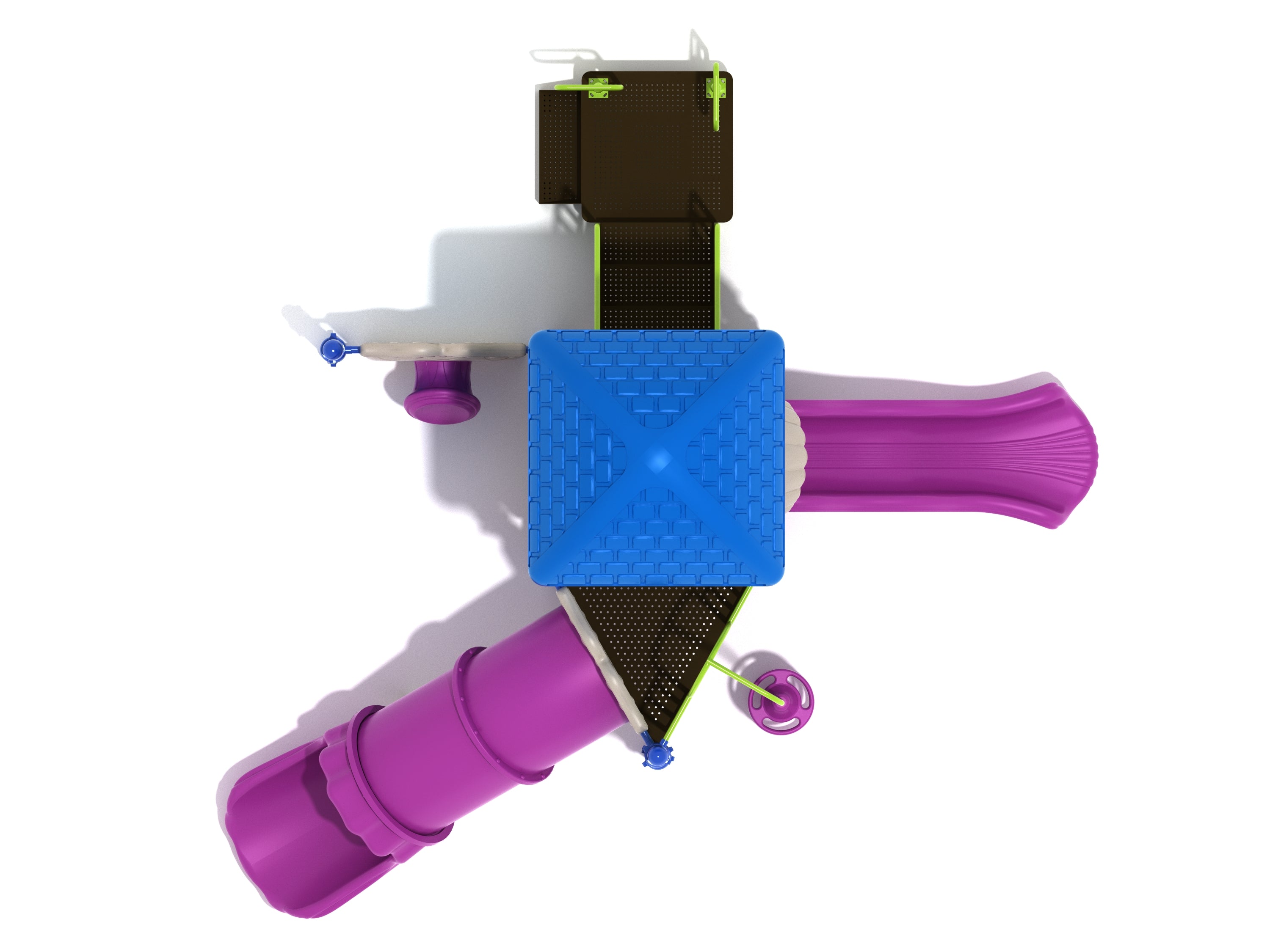 Overhead view of compact playground with blue square roof, purple wave and tube slides, drum and maze activity panels.