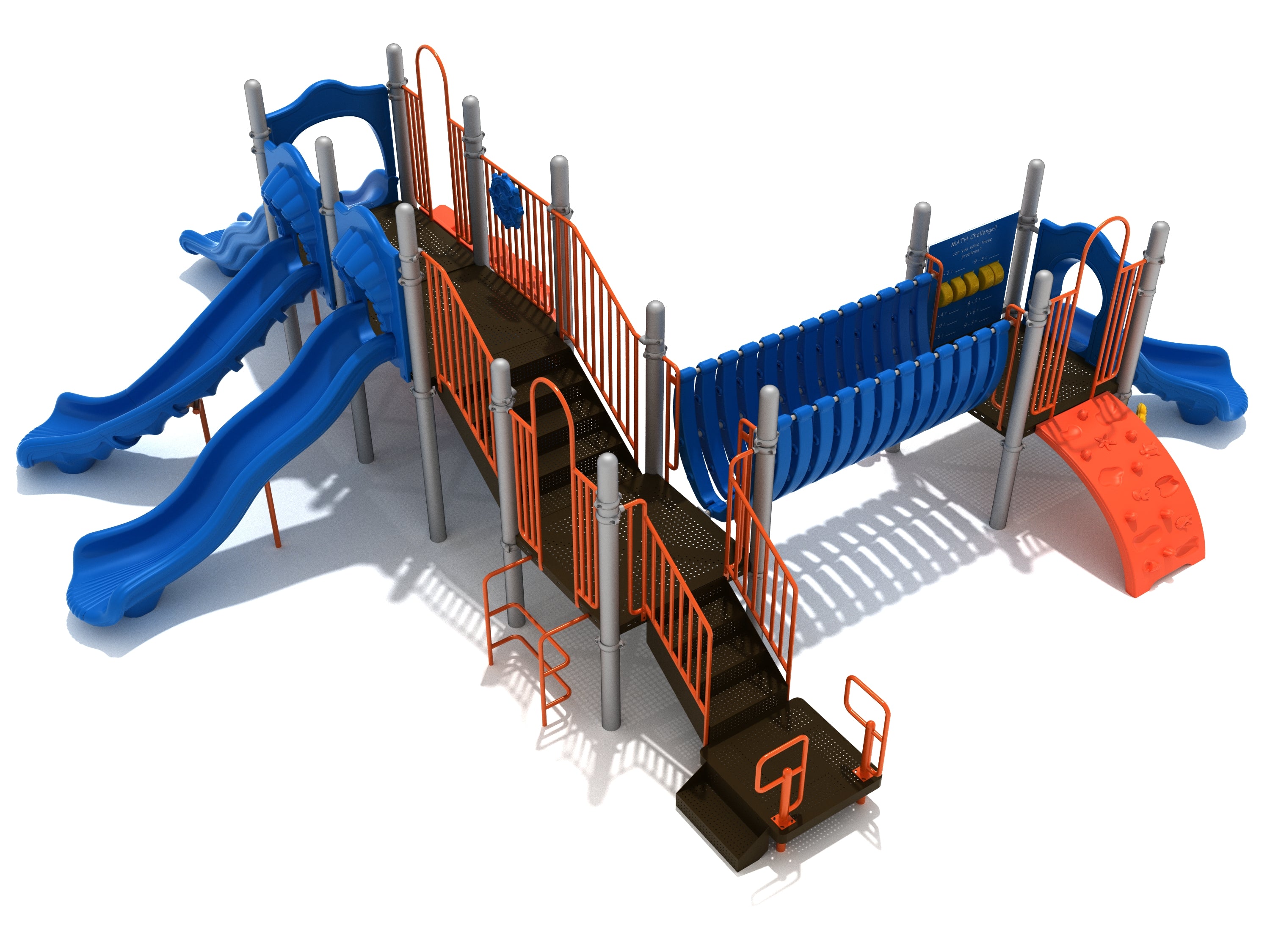 Elevated playground structure with blue slides, orange railings, climbing wall, blue tunnel bridge, and interactive play panels