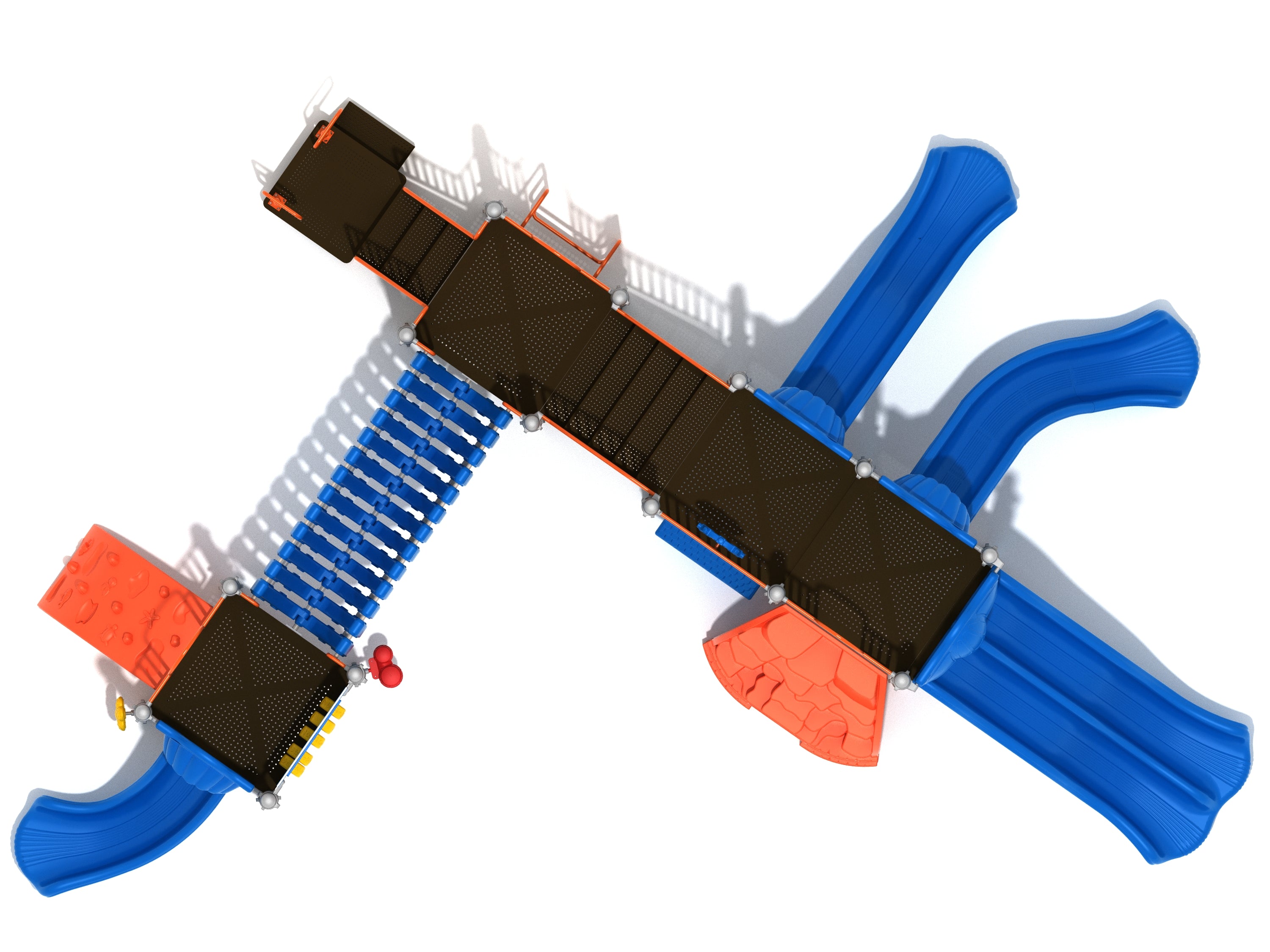 Overhead view of a large playground structure with multiple blue slides, orange climbing walls, connecting platforms, and accessible play features