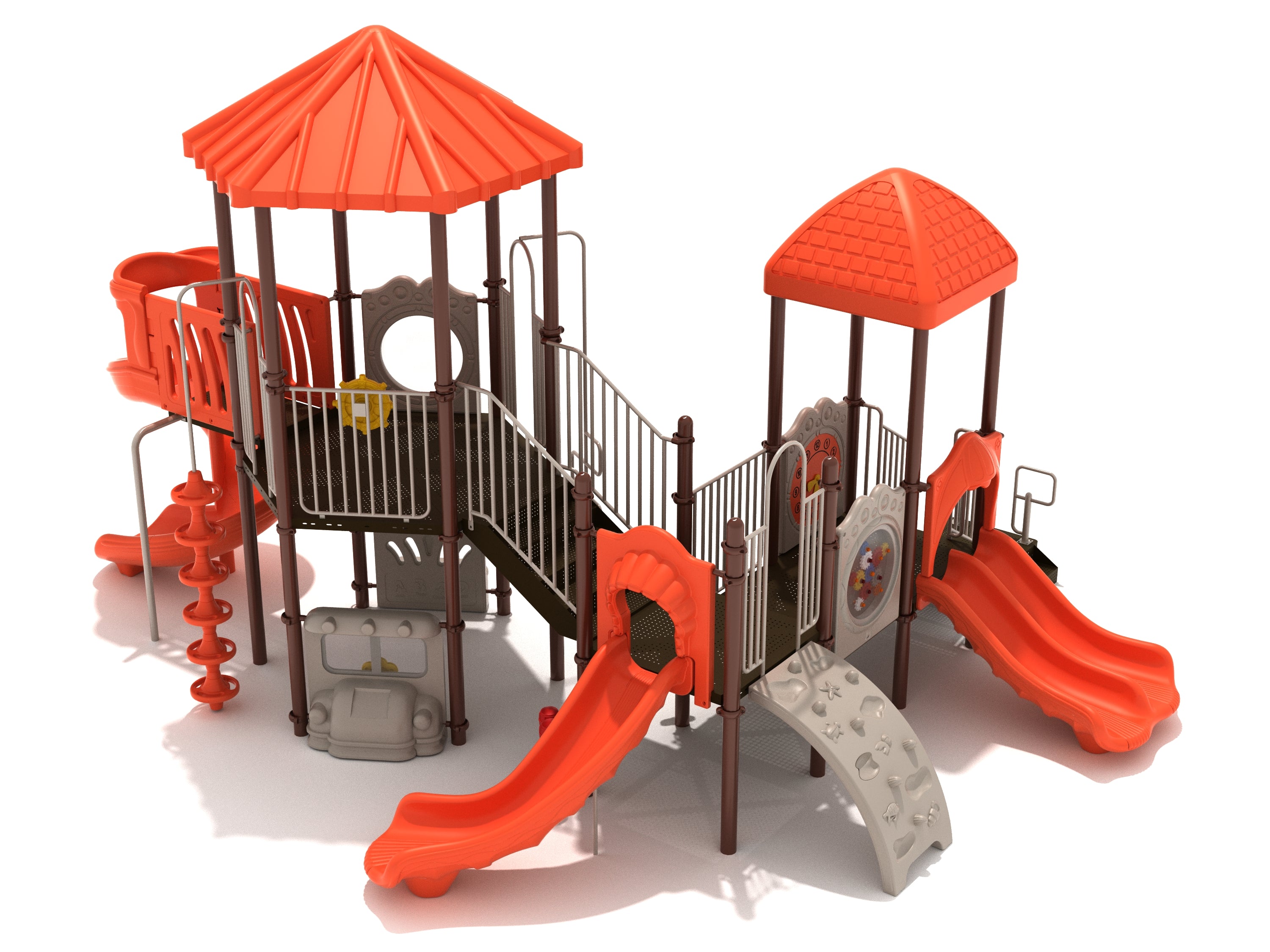 Outdoor playground structure with orange slides, climbing wall, spiral climber, and interactive sensory and musical panels.