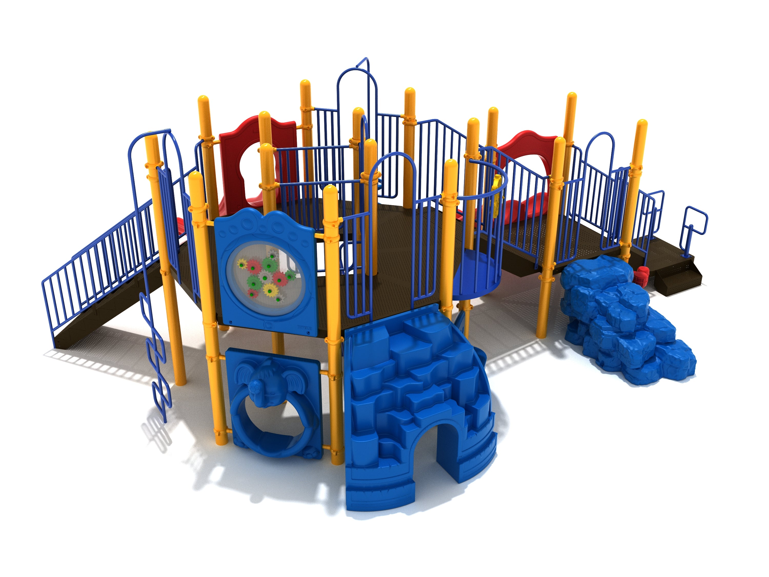 Colorful playground structure with blue climbers, yellow posts, red slides, interactive gear panel, and multiple climbing features.