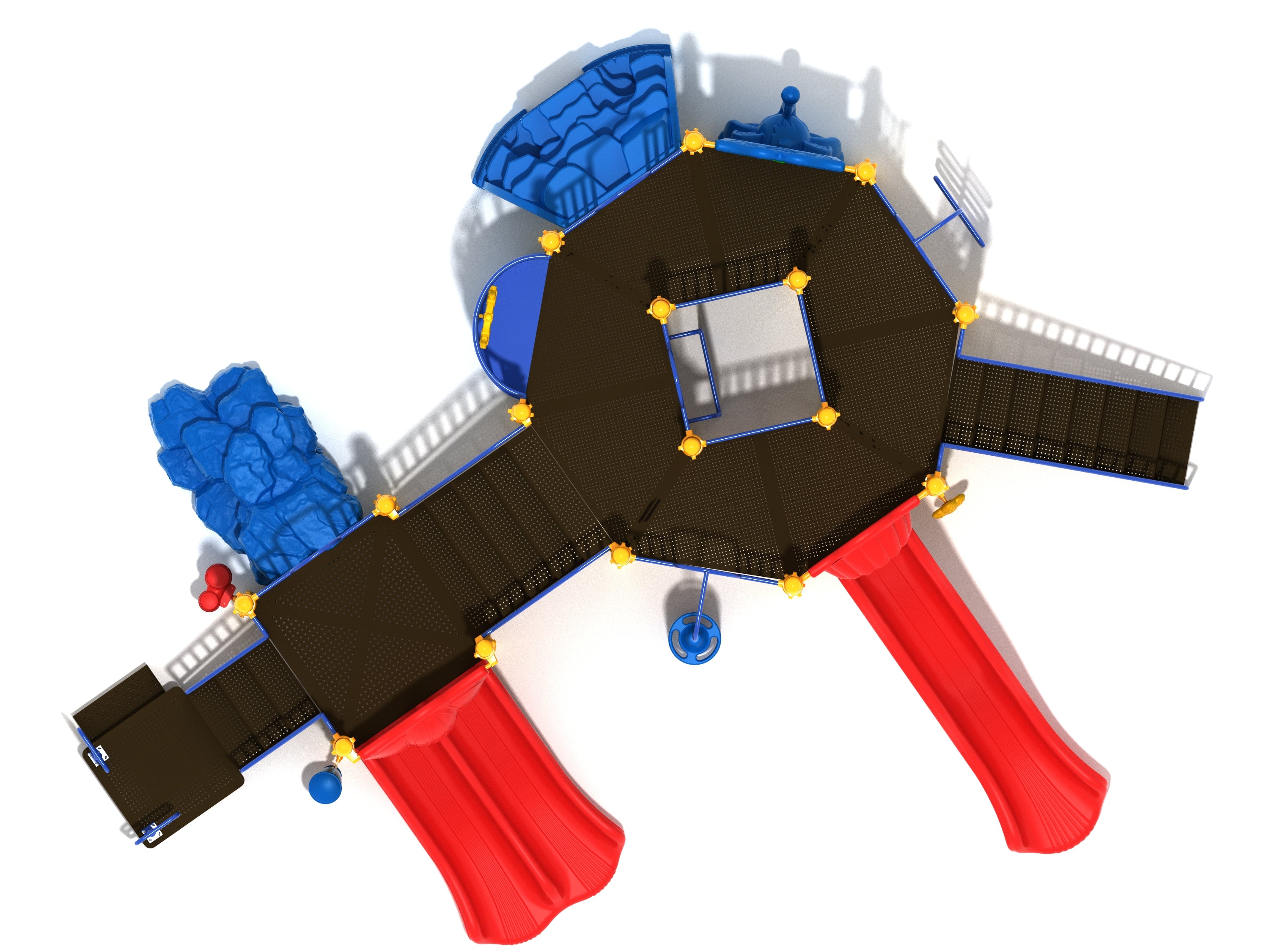 Overhead view of a large octagonal playground deck with red slides, blue climbers, and interactive play panels