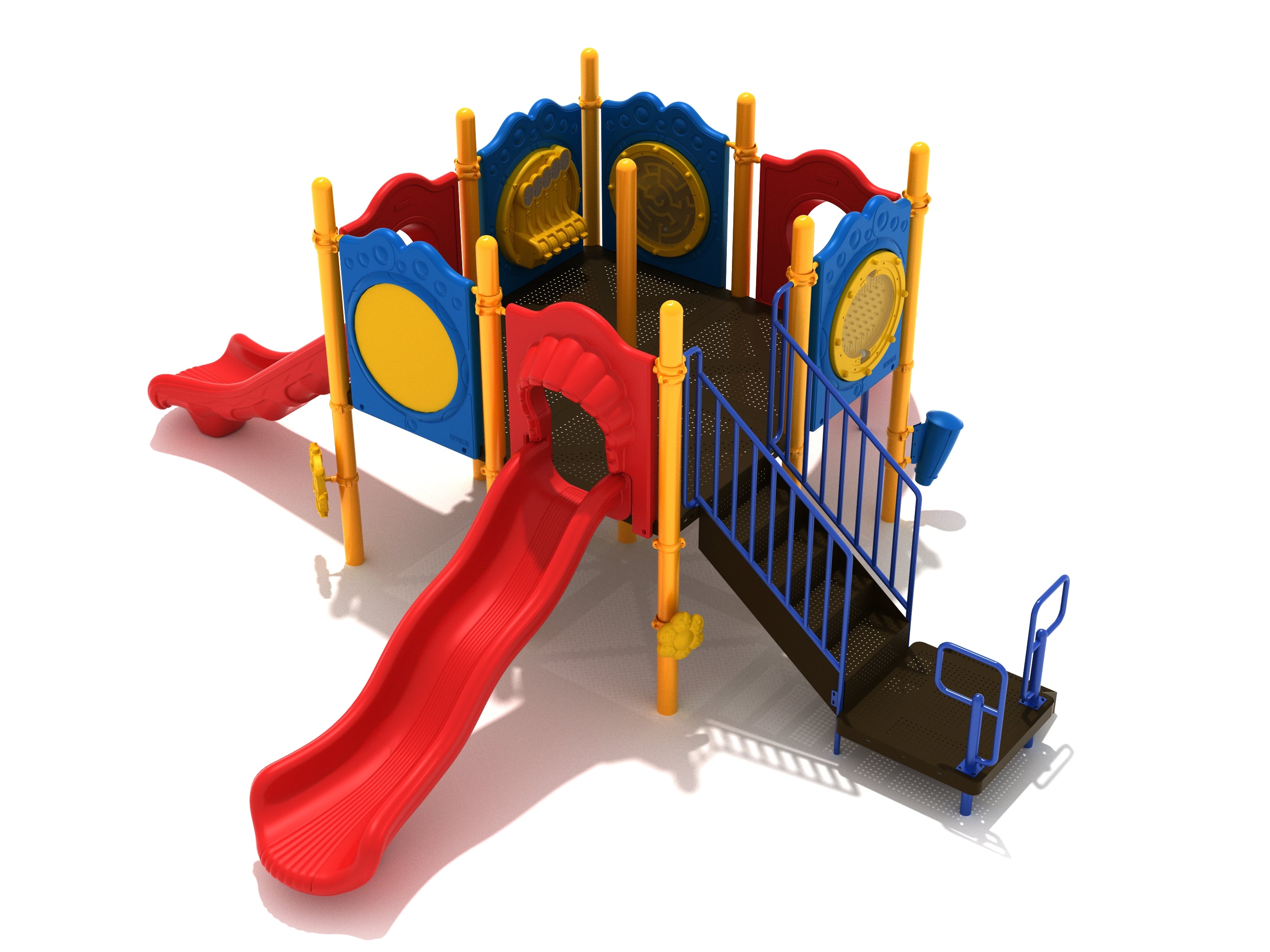 Preschool playground with red wave and turn slides, blue and yellow activity and musical panels, and blue-railed stairs