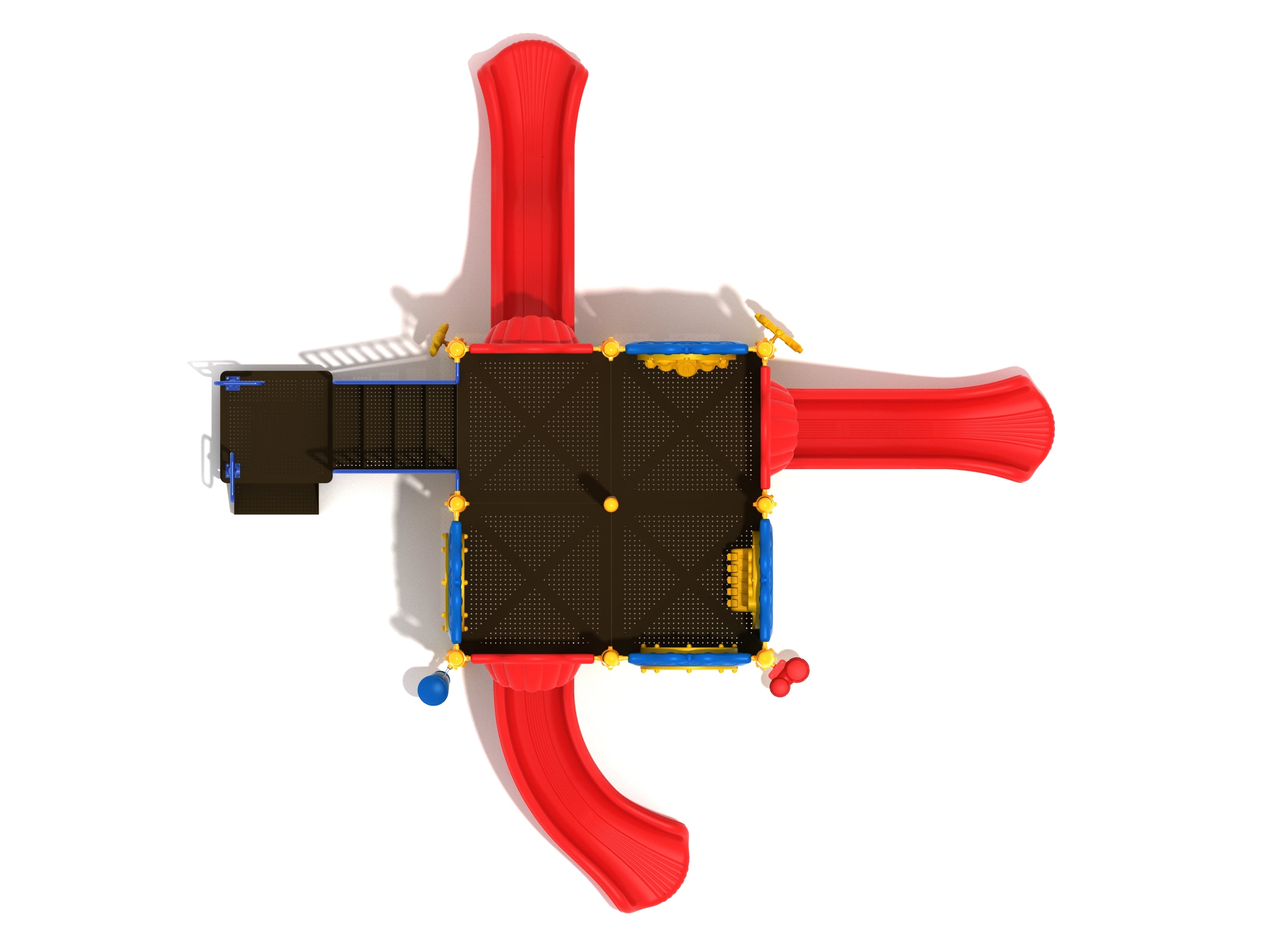 Overhead view of preschool playground with three red slides and blue-yellow musical and game activity panels