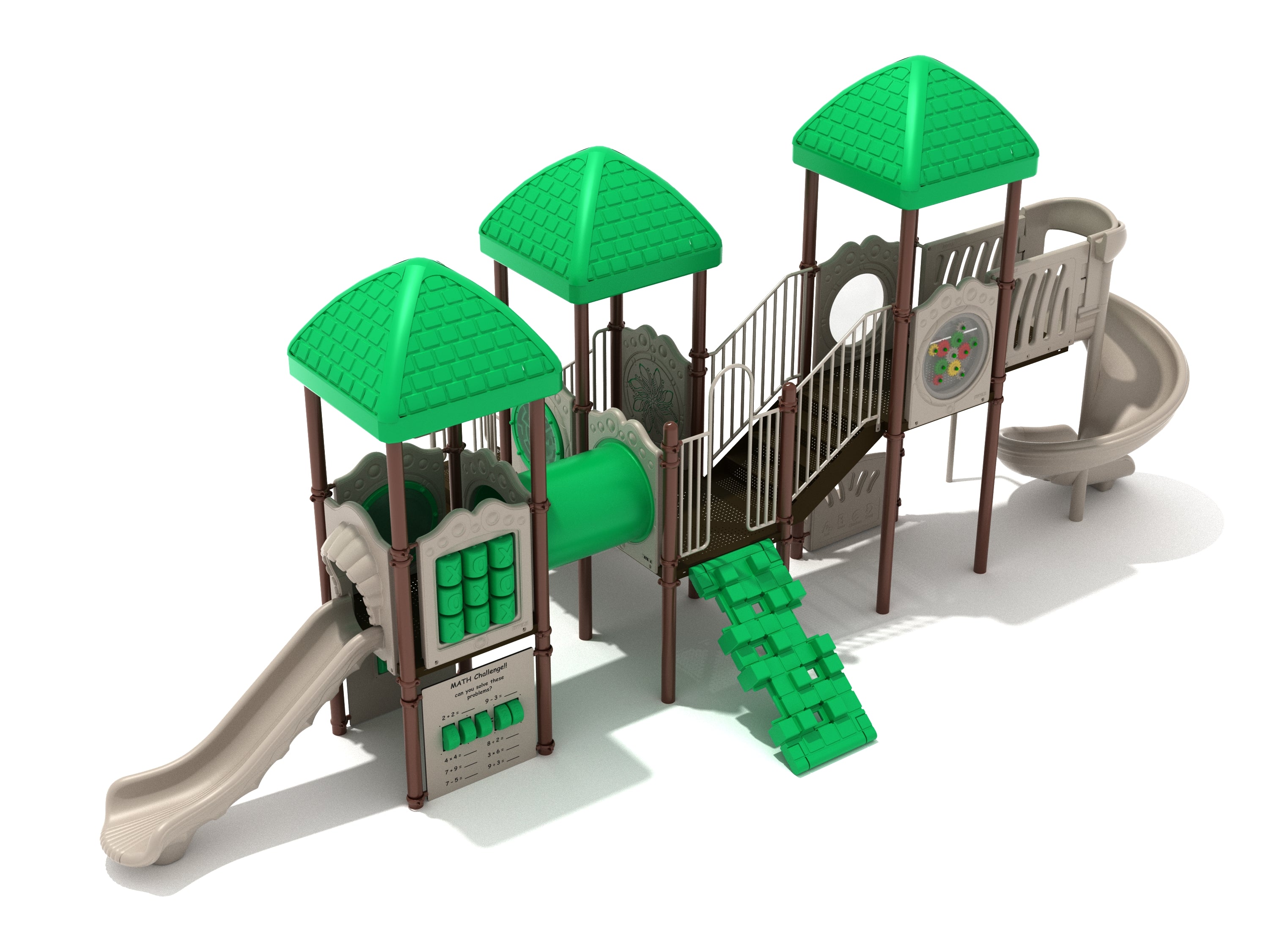 Outdoor playground with green roofs, spiral and straight slides, tube bridge, climbing wall, and interactive tic-tac-toe and math panels.
