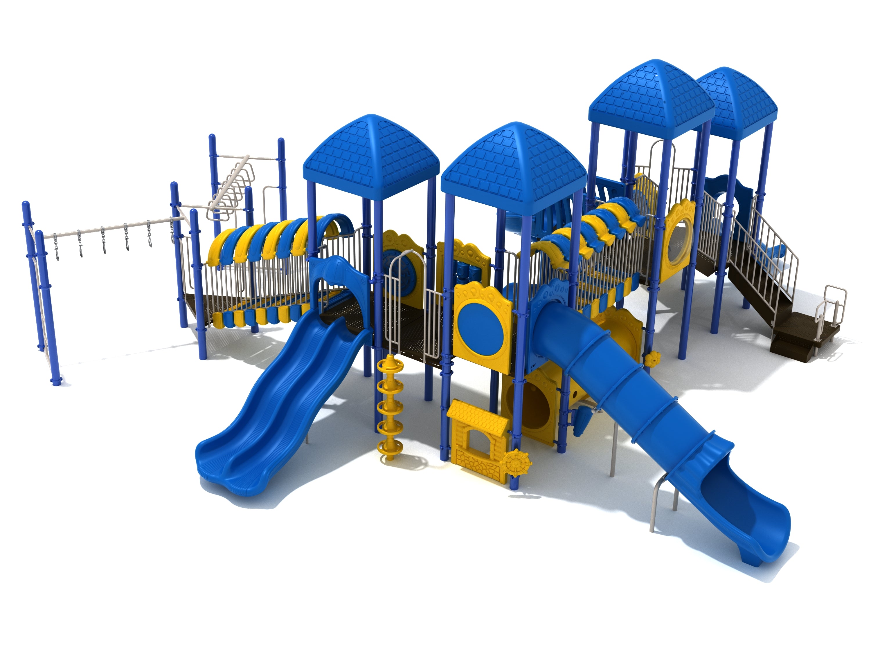 Large blue and yellow playground structure with multiple slides, climbing elements, bridges, and interactive play panels