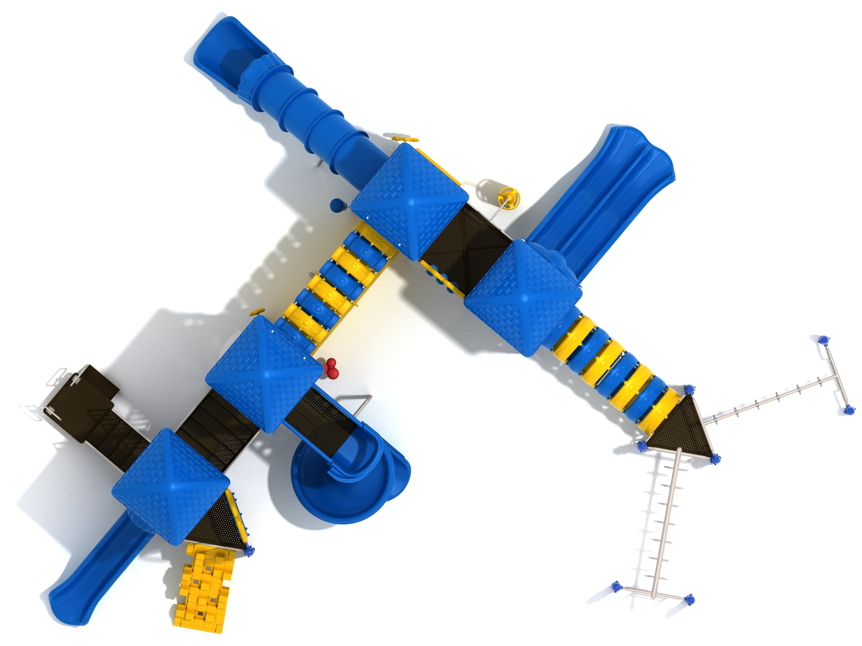 Overhead view of a large blue and yellow playground structure with multiple slides, bridges, climbing elements, and overhead climbers.