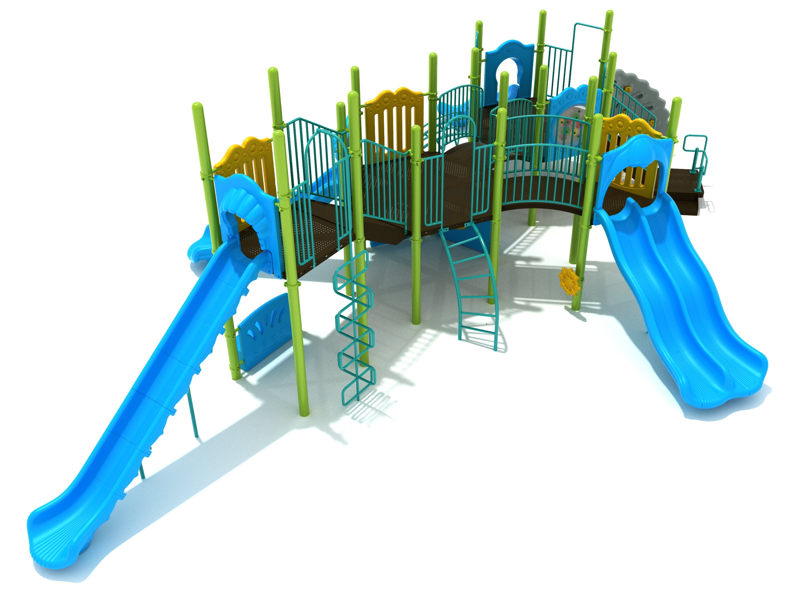 Colorful playground structure with multiple blue slides, green climbing frames, yellow panels, interconnected platforms, and various climbing features.