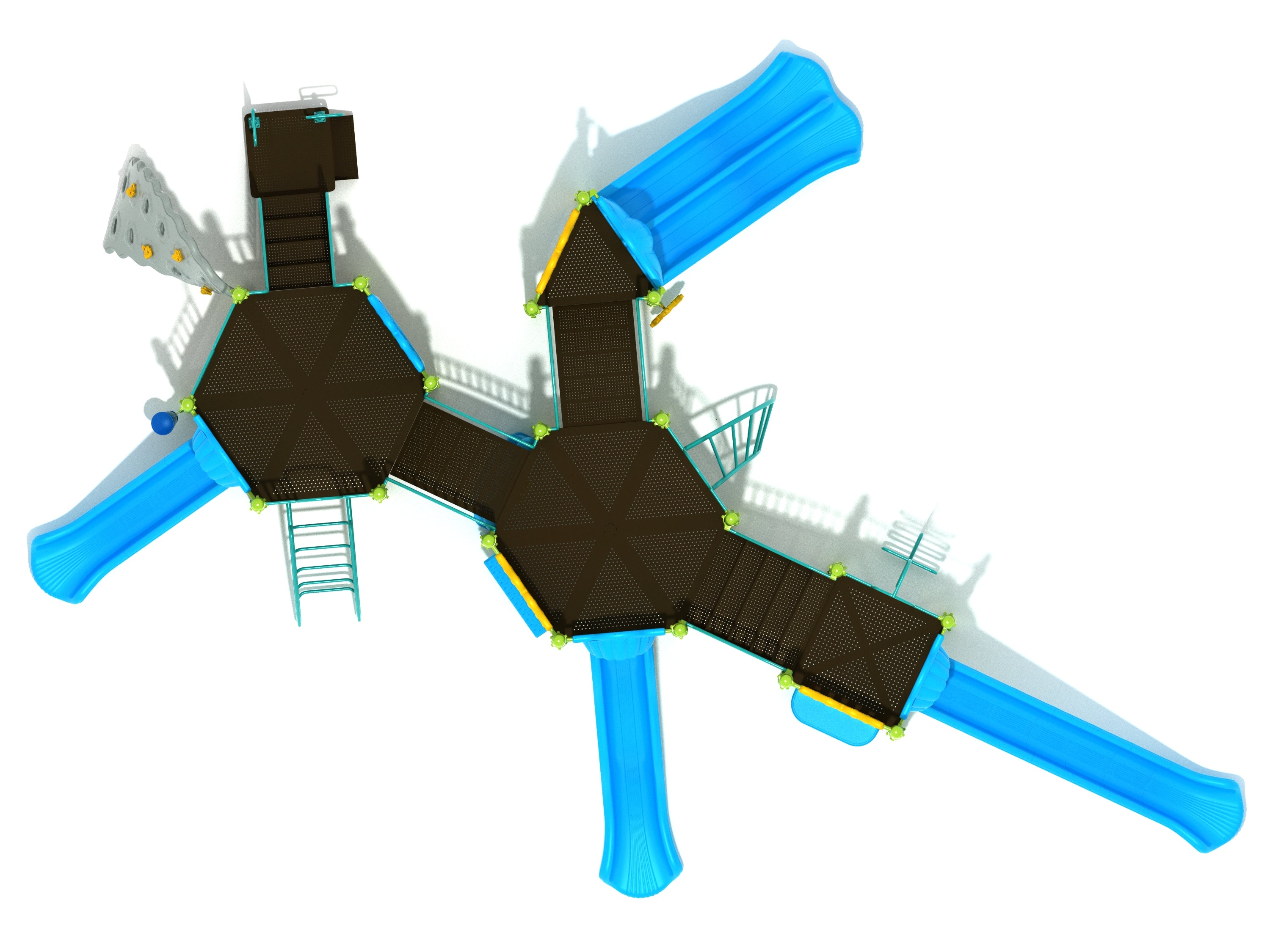 Overhead view of a large playground structure with multiple blue slides, climbing walls, interconnected platforms, and bridges