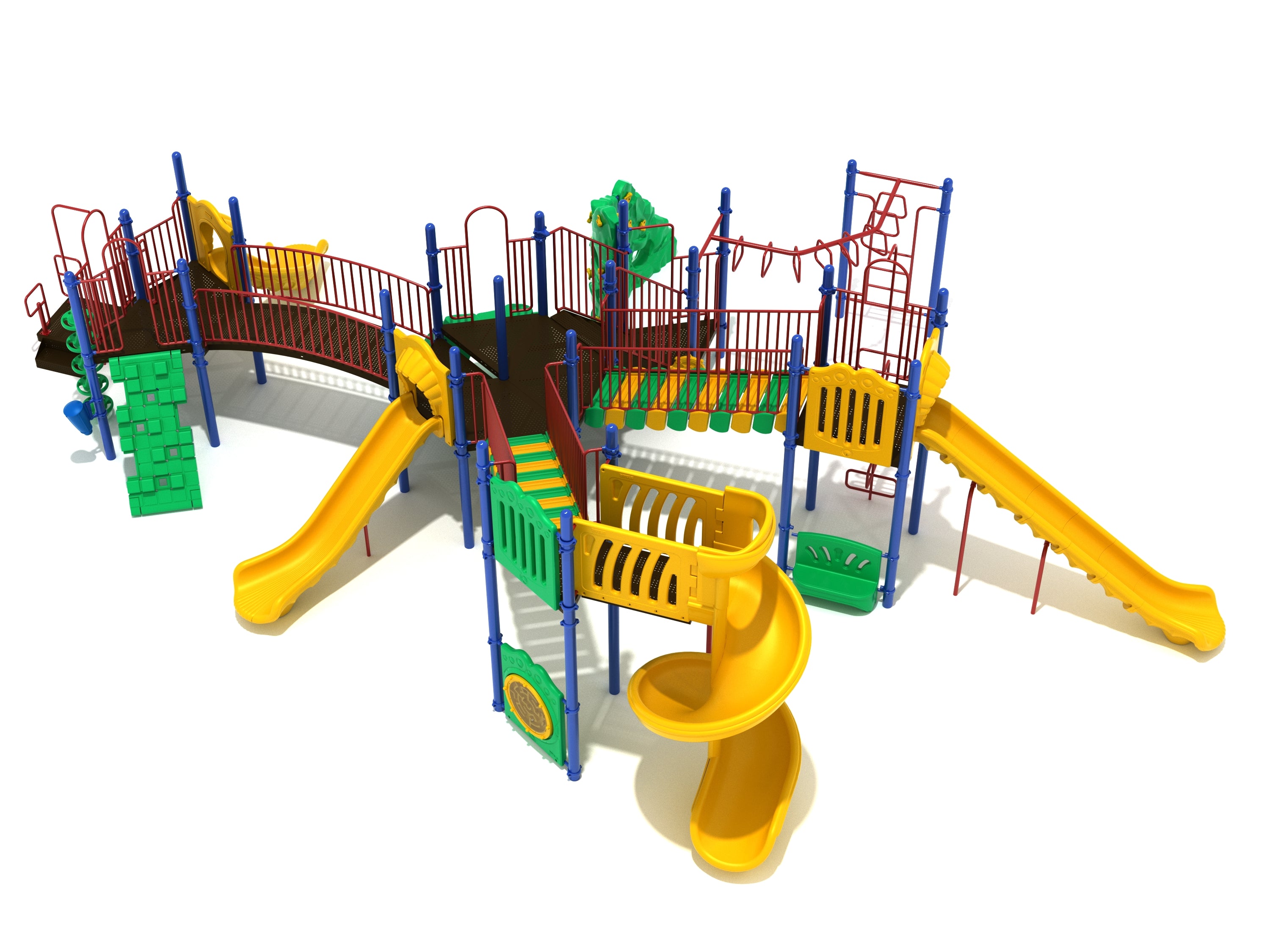 Colorful playground structure with yellow slides, red railings, green climbing panels, multiple bridges, and climbing features