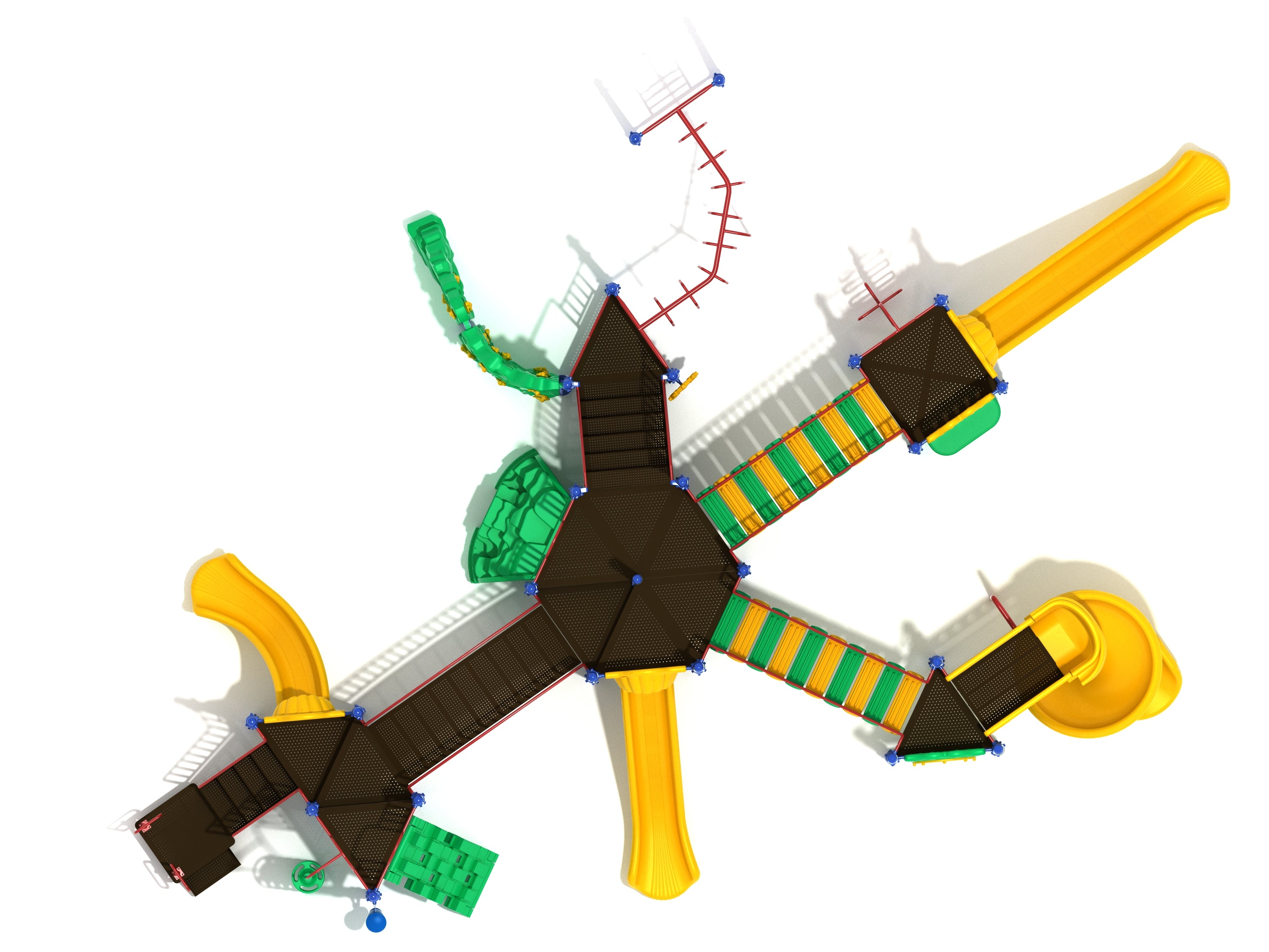 Overhead view of a large playground with hexagonal platforms, yellow slides, green climbers, and red connecting bridges