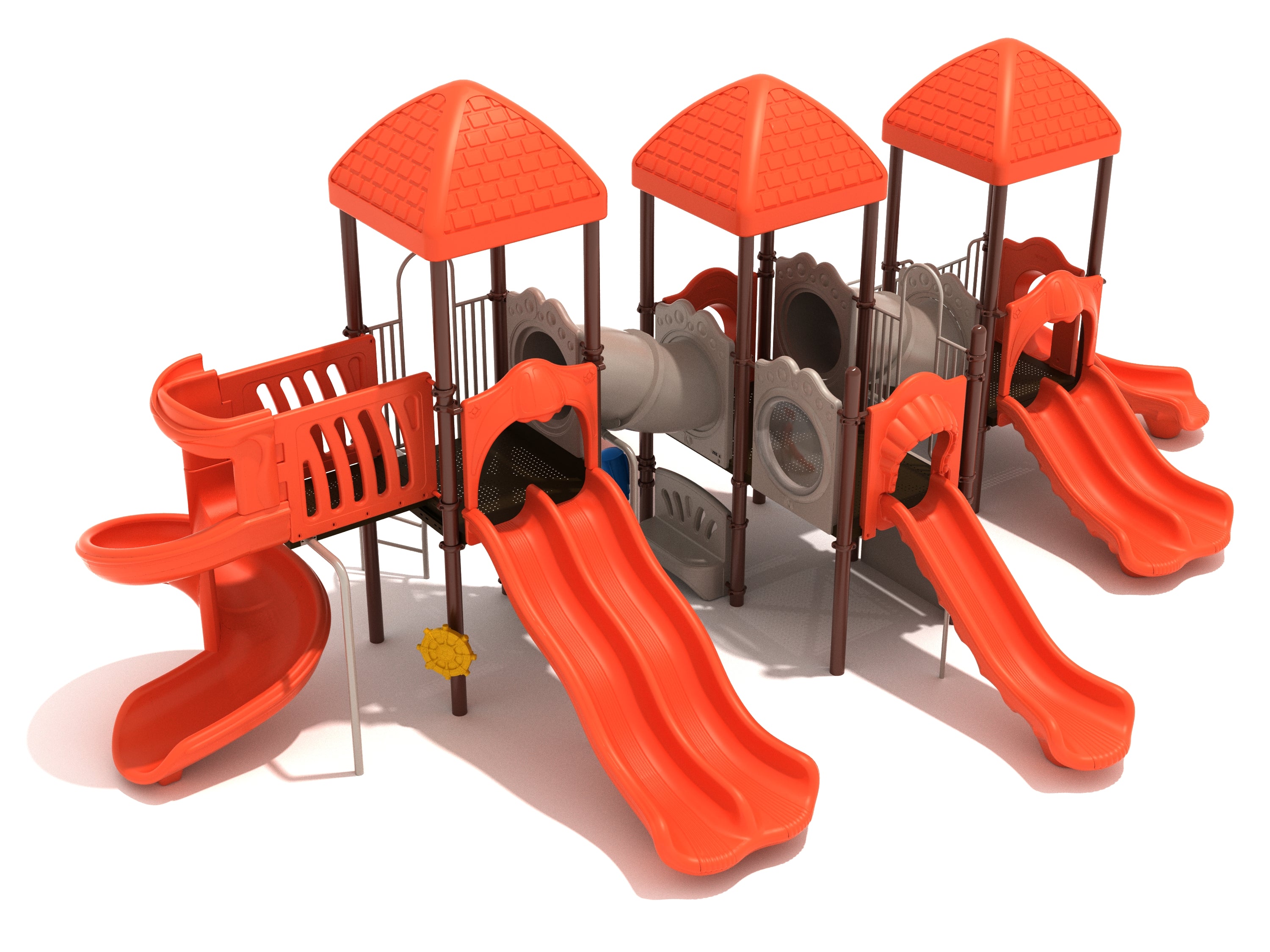 Large outdoor playground structure with multiple orange slides, tube bridges, and climbing features.