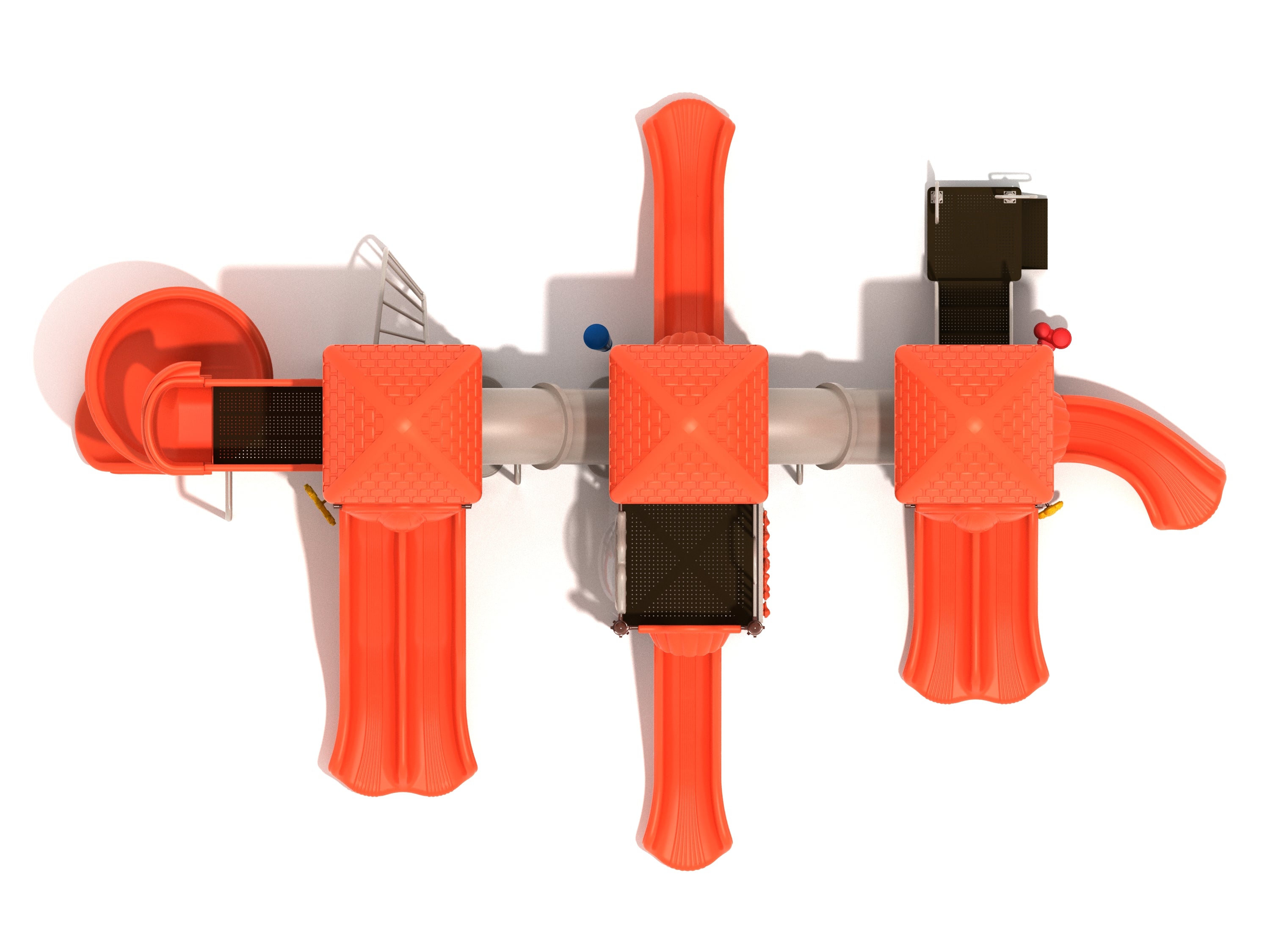 Overhead view of a large playground structure with multiple orange slides, tube bridges, and climbing elements