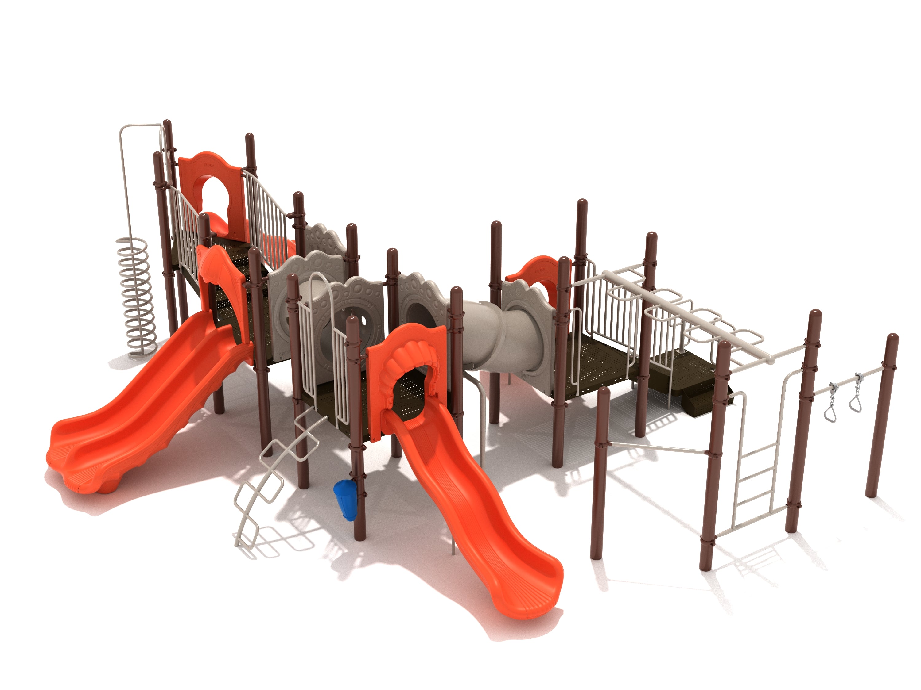 Large playground structure with multiple orange slides, climbing elements, tube tunnels, monkey bars, and fitness features.