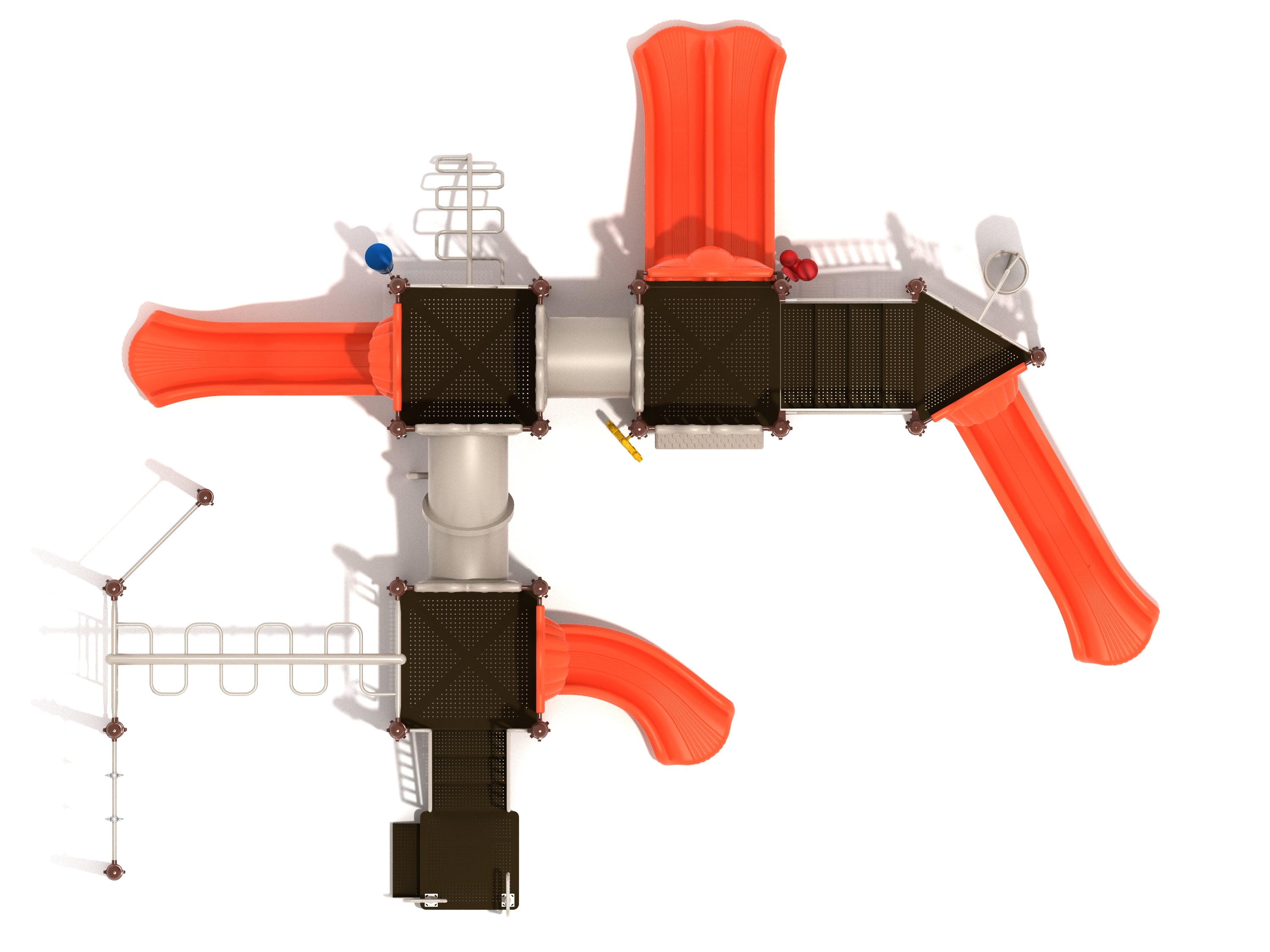Overhead view of large playground structure with multiple orange slides, climbing elements, tube bridges, and fitness features