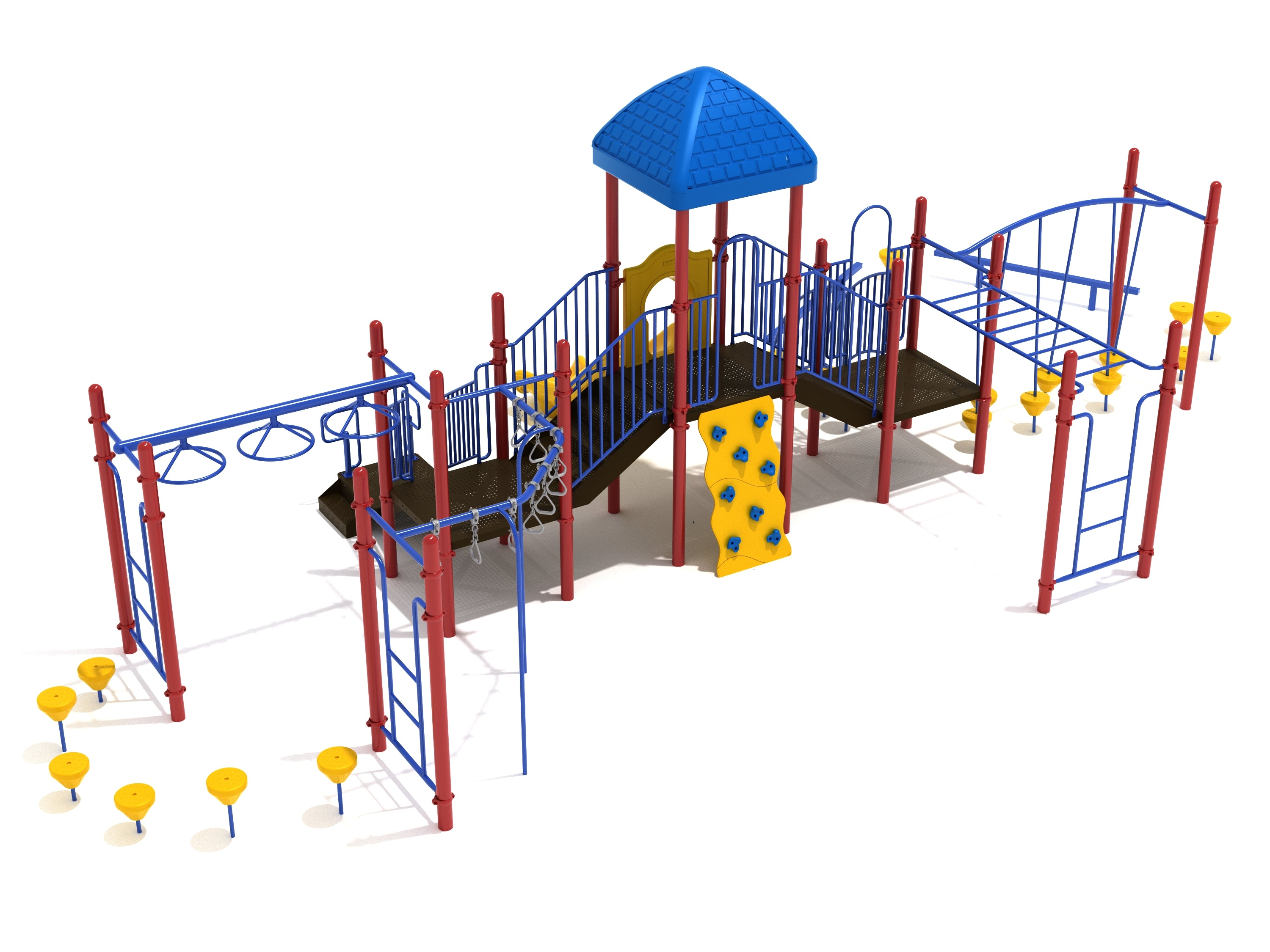 Commercial playground obstacle course with overhead ring ladders, arched bridge, balance beams, pebble steps, rock wall.