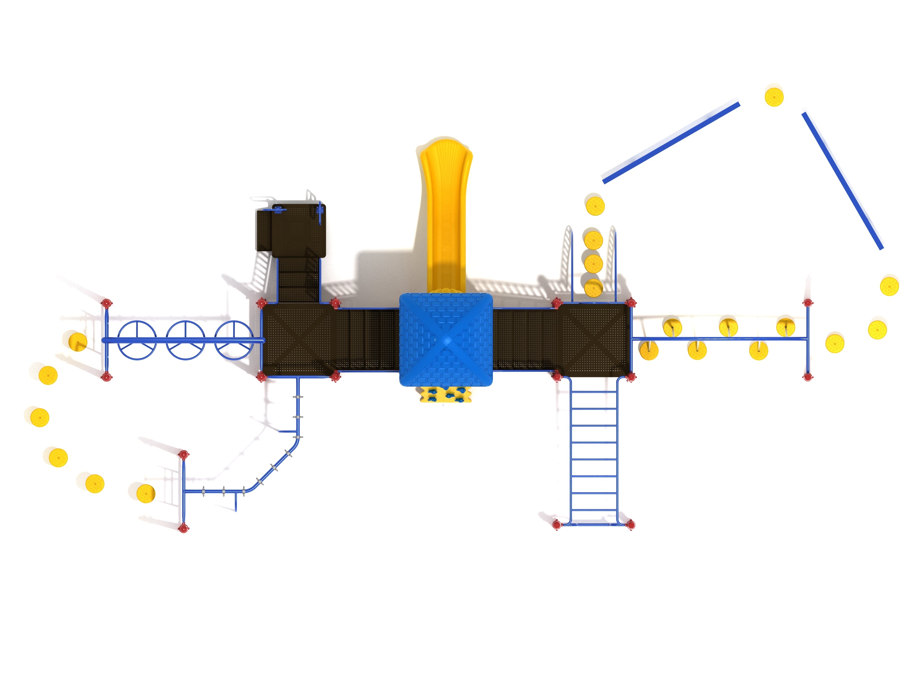 Aerial view of playground obstacle course with yellow slide, overhead ladders, balance beams, pebble steps, rock wall