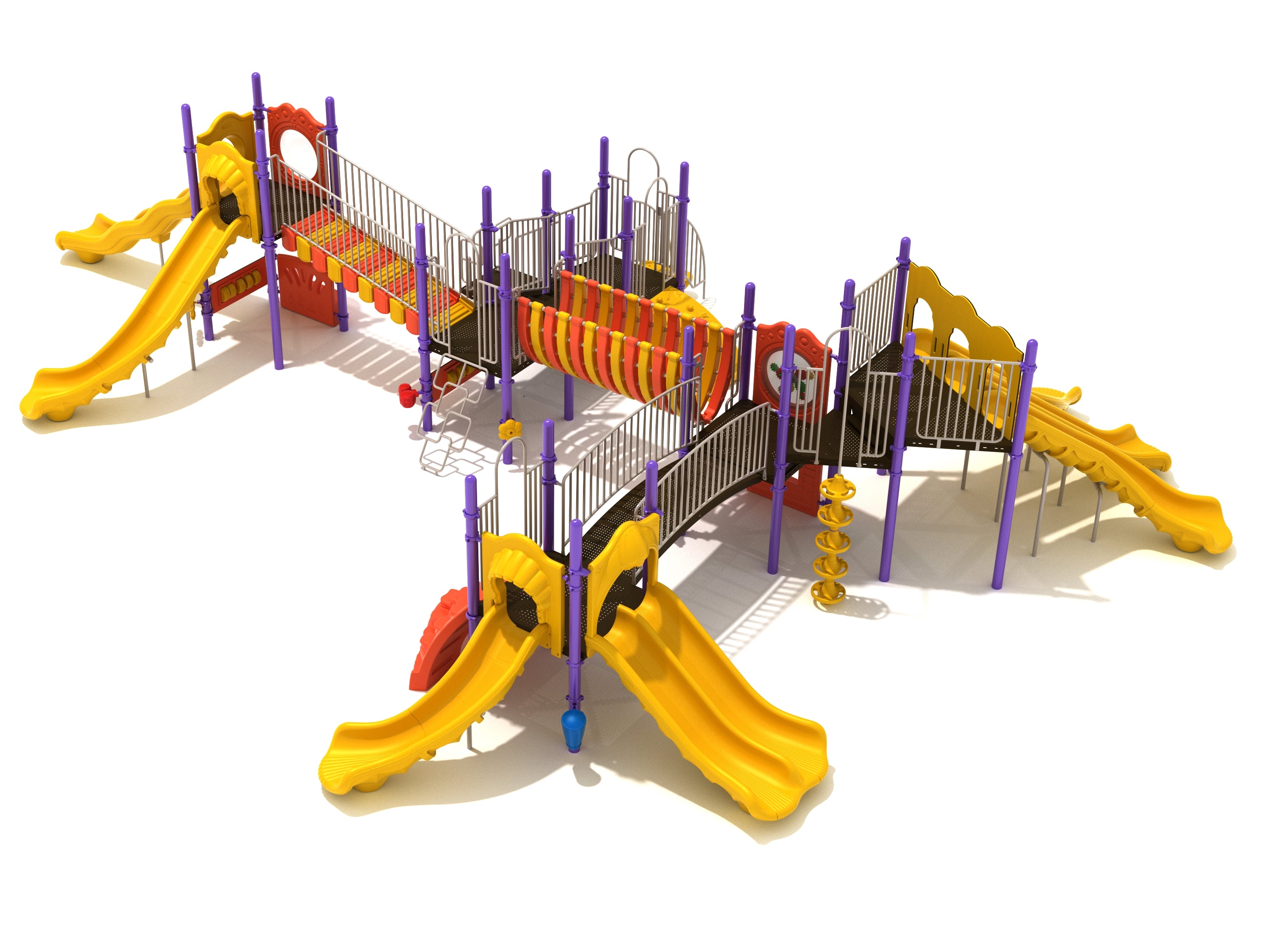 Colorful playground structure with yellow slides, purple posts, multiple bridges, stairs, and climbing elements.