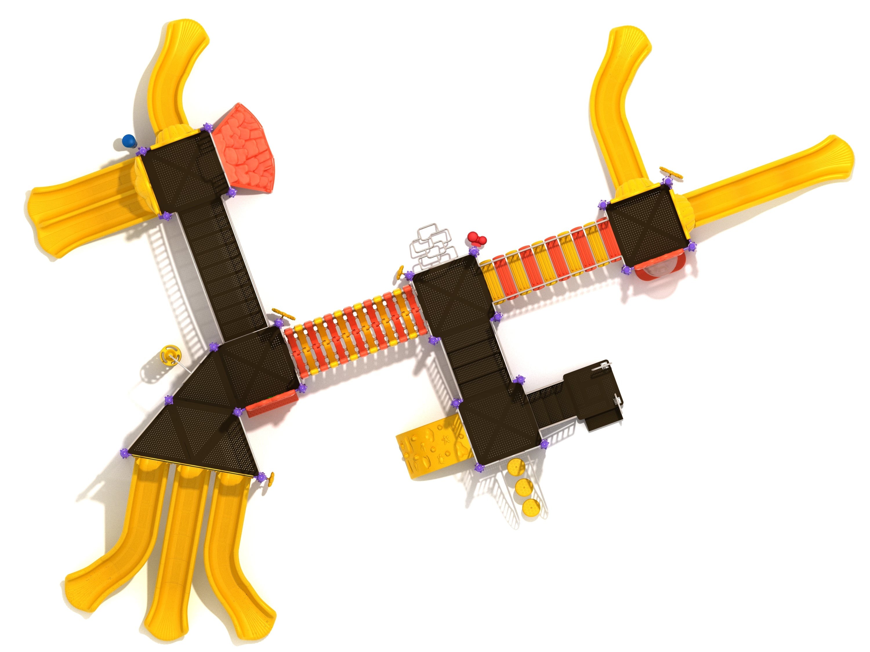 Overhead view of a large playground structure with multiple yellow slides, bridges, stairs, and climbing elements