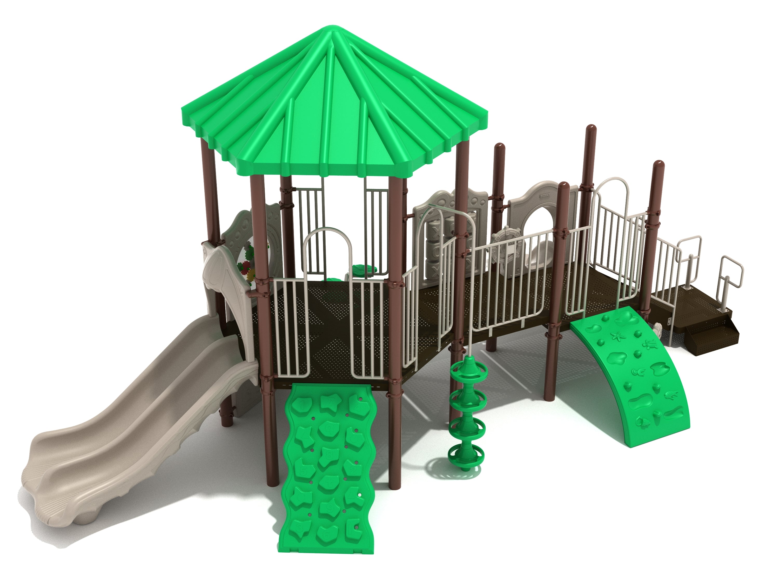 Playground structure with green hexagonal roof, dual beige slides, green plastic climbers featuring shapes and sea creatures, and metal railings.