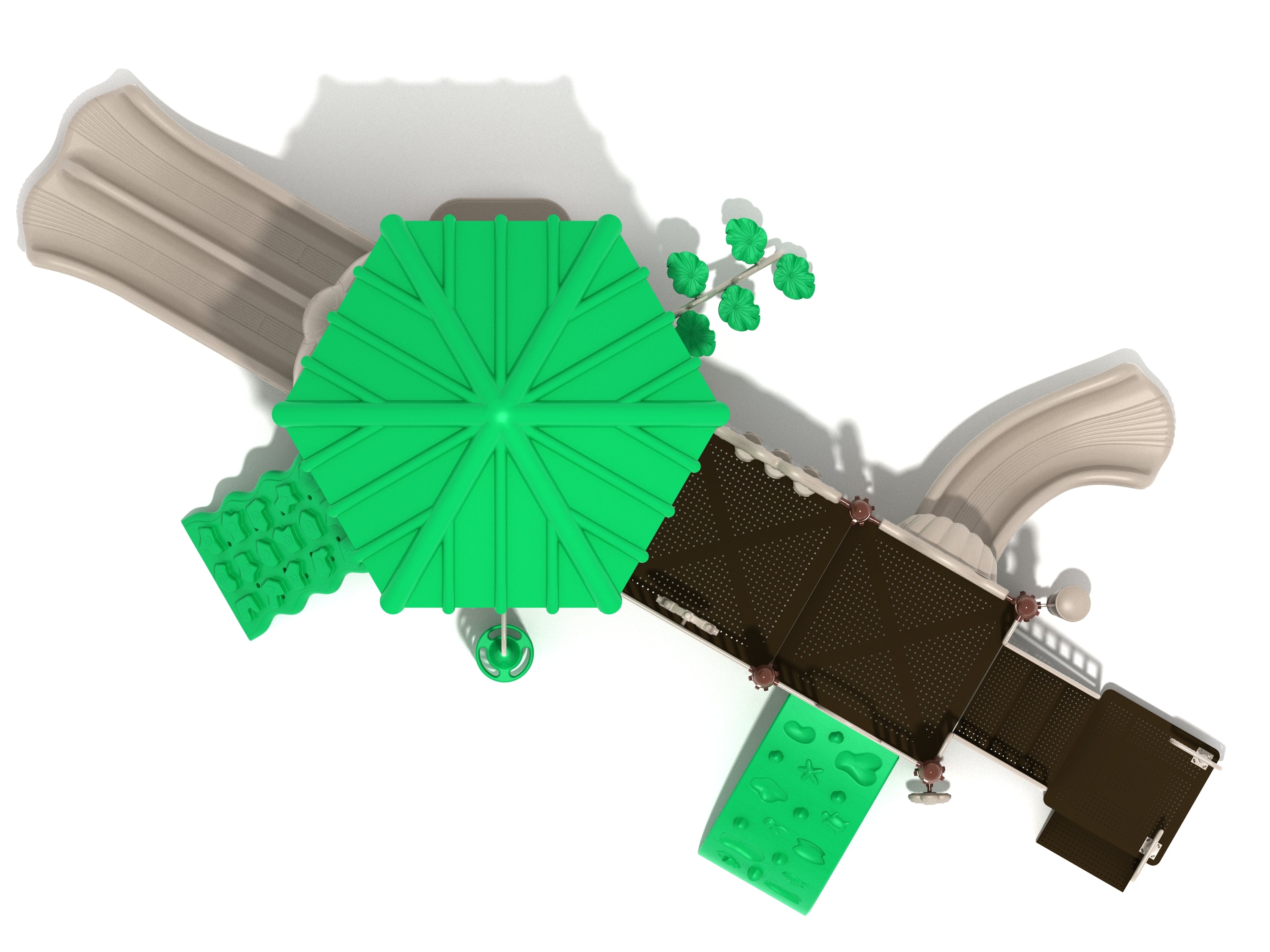 Overhead view of playground with green hexagonal roof, beige slides, and climbers featuring sea creatures and geometric shapes