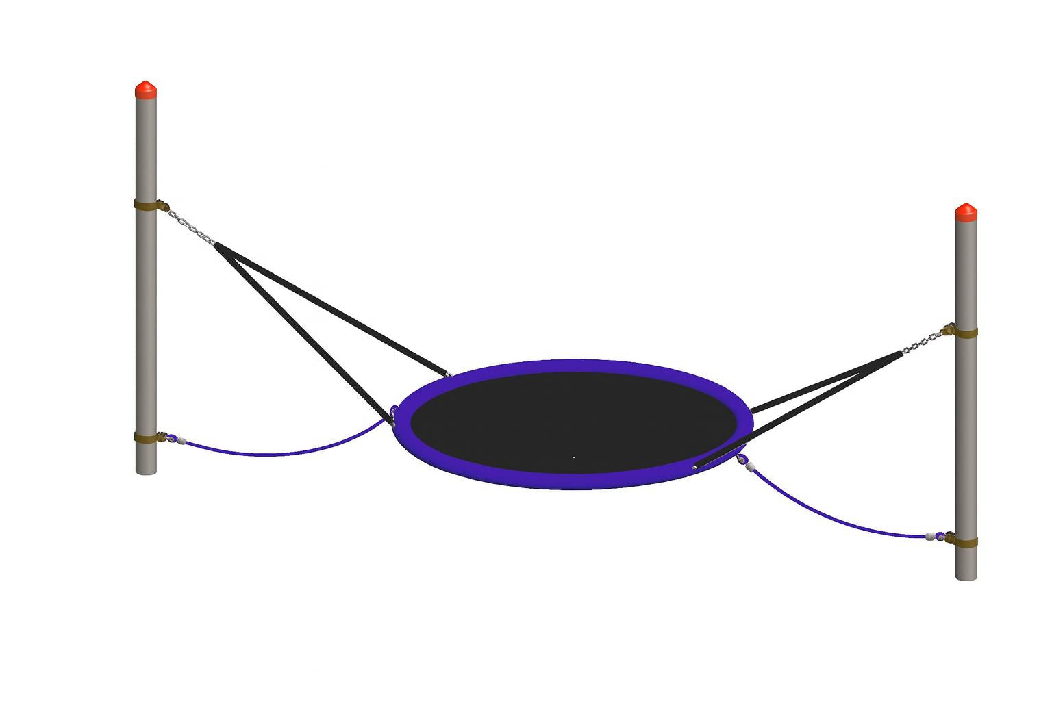 Bird's Nest Cradle commercial swing set with circular black net seat and purple rim suspended by black and purple ropes between two gray posts