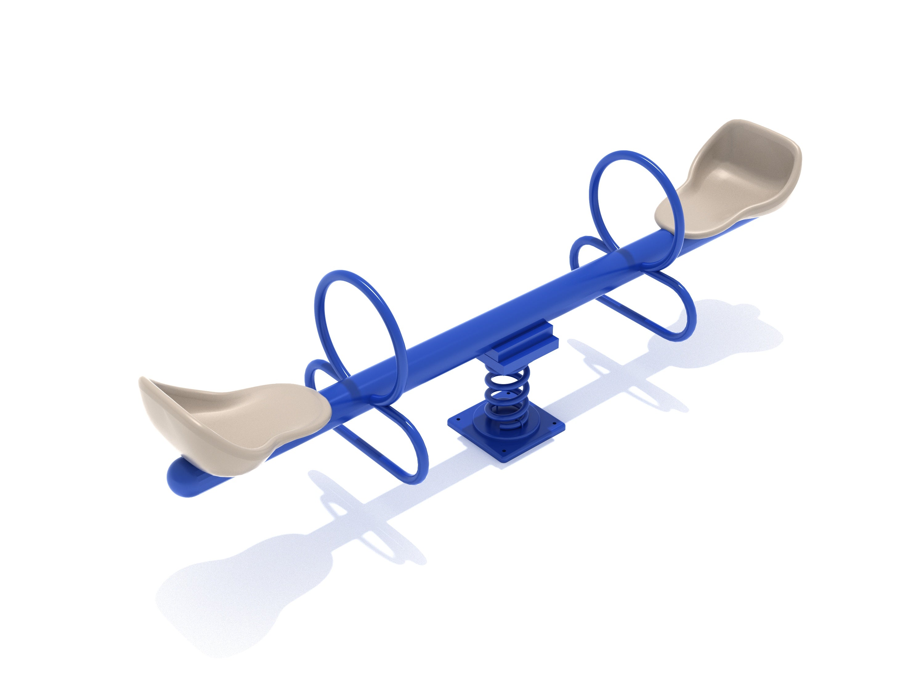 Blue spring-mounted see saw with tan molded seats and safety handles, angled view