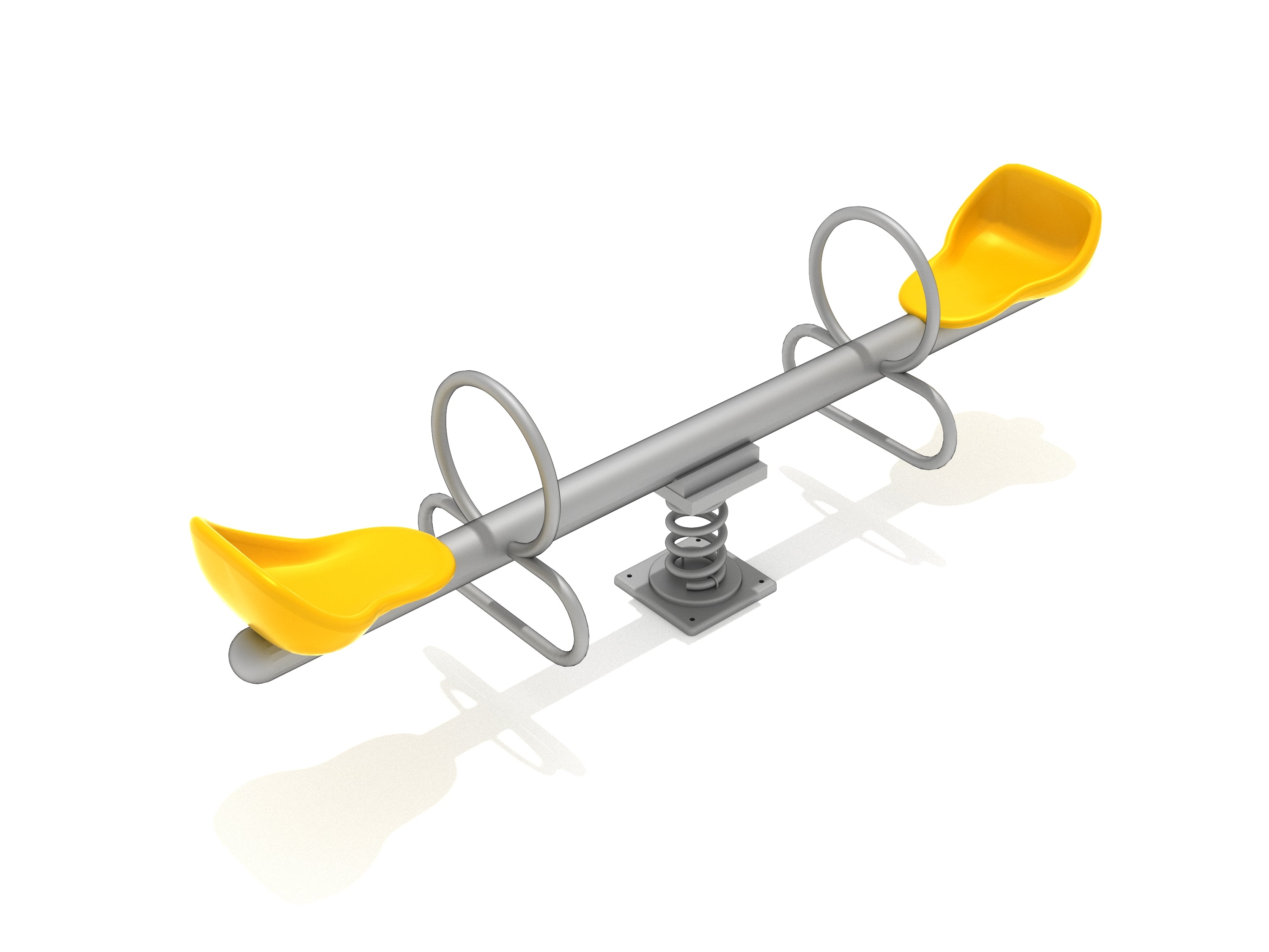 Playground spring rider with two yellow molded seats, gray metal frame, and central coil spring.