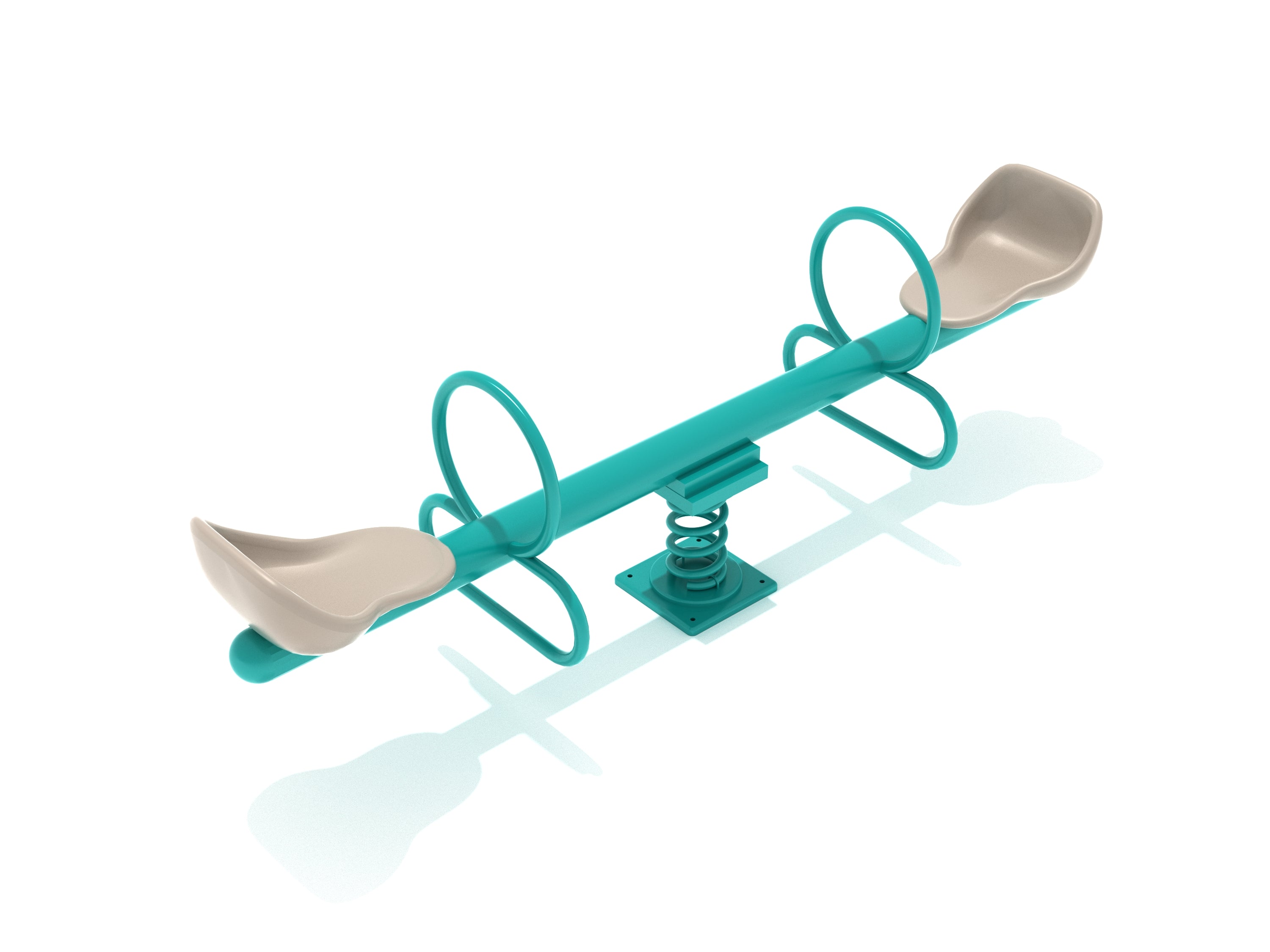 Teal-framed playground spring rider seesaw with beige molded seats and circular handles, angled view.