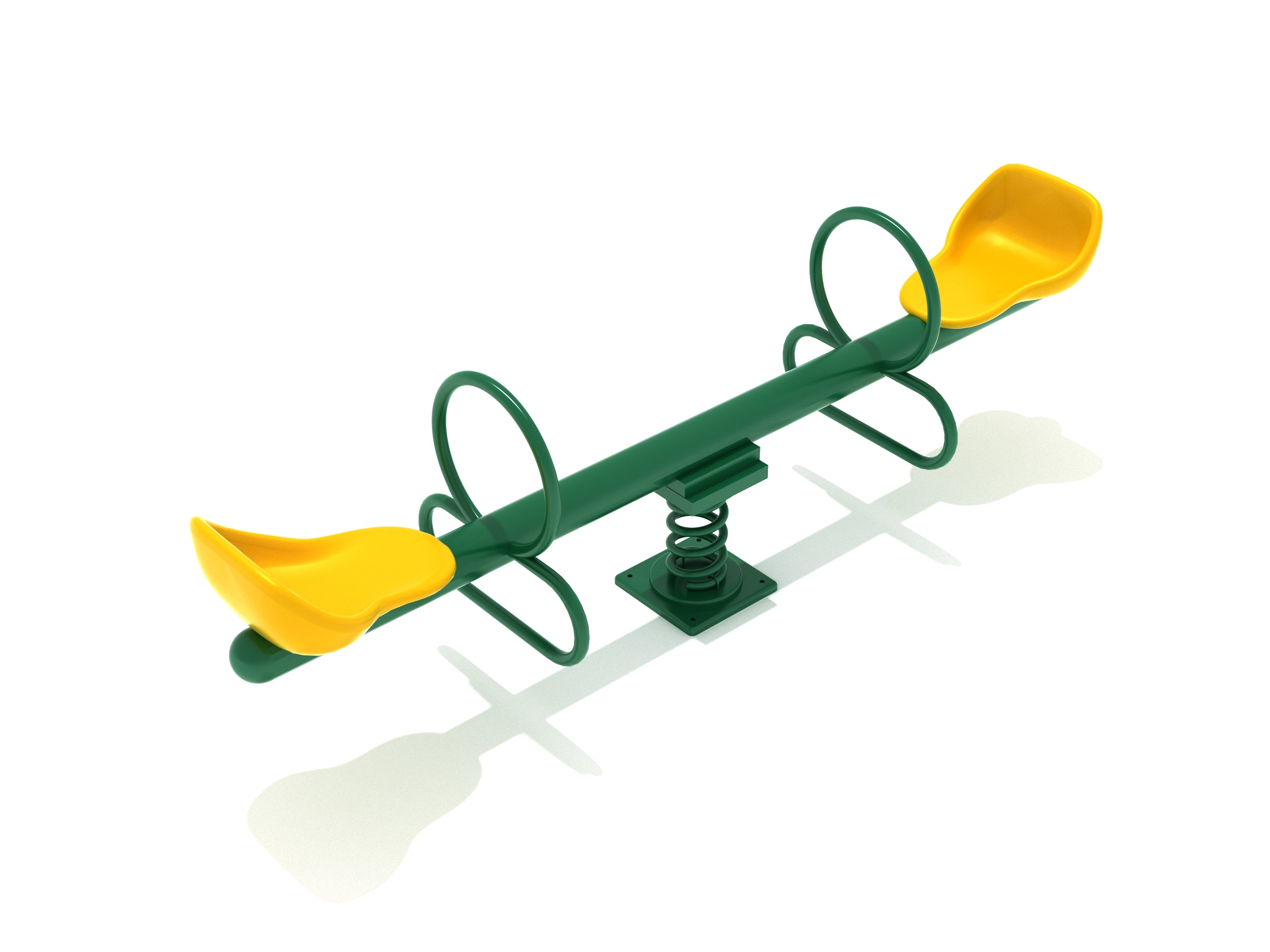 Green and yellow spring-mounted see saw with molded seats and safety handles for children’s playgrounds