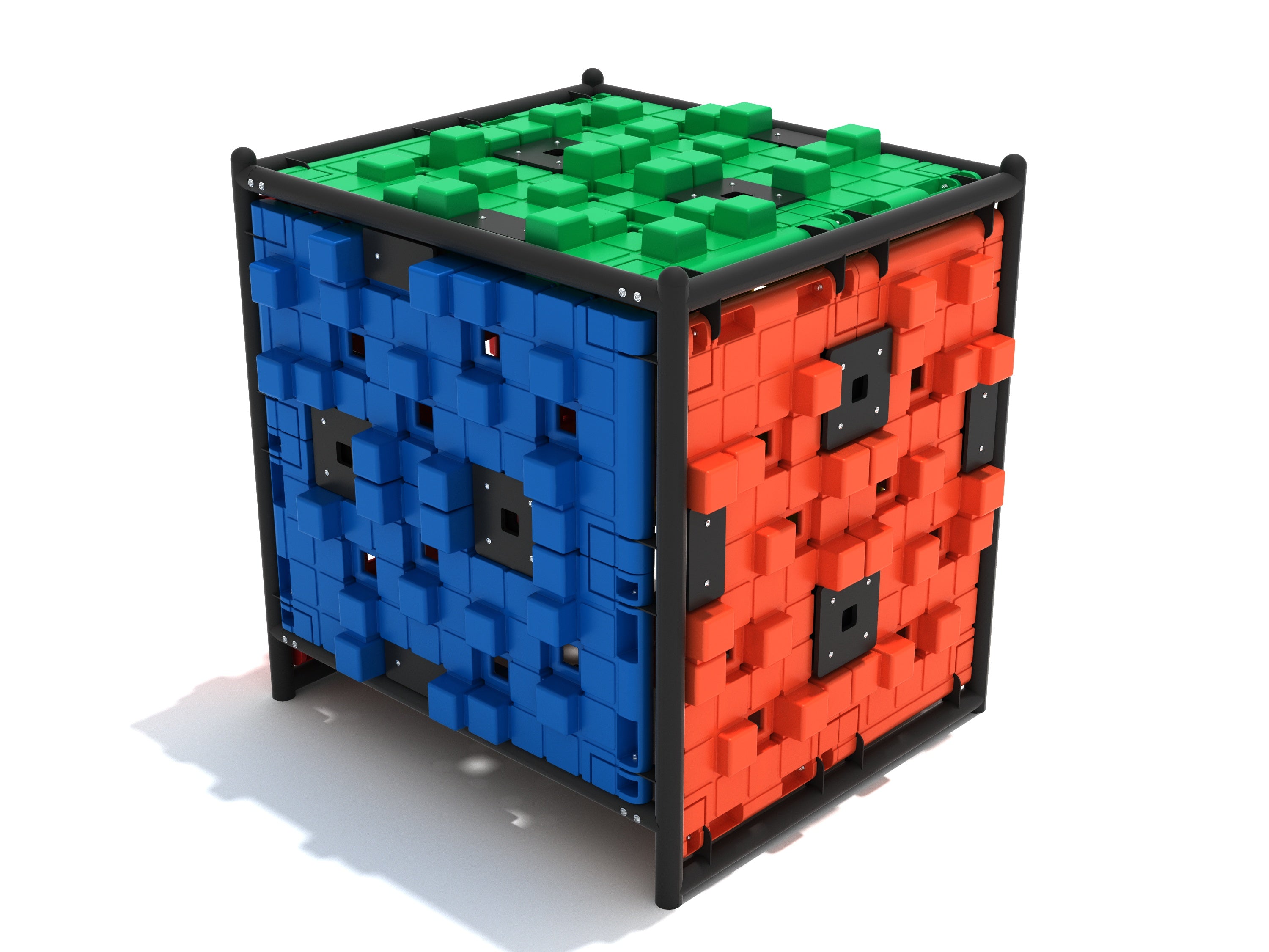 Cube-shaped climbing structure with pixelated green, blue, and red panels and protruding grips for active play